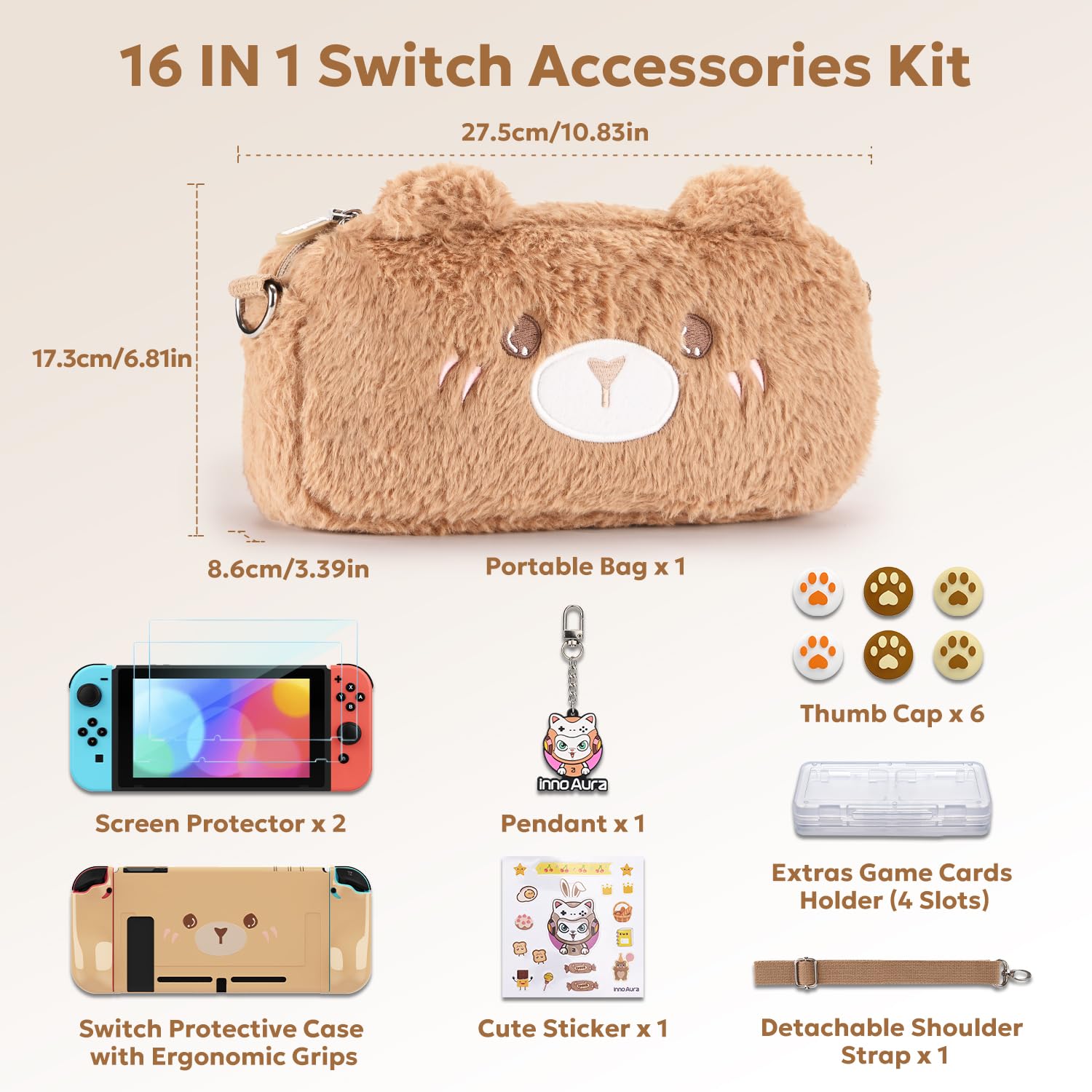 InnoAura 16-in-1 Nintendo Switch Accessories Bundle - Protective Carrying Case, Game Case, Screen Protector, Thumb Grips (Brown Bear) - Perfect for Travel, Gaming On-The-Go & Switch Protection