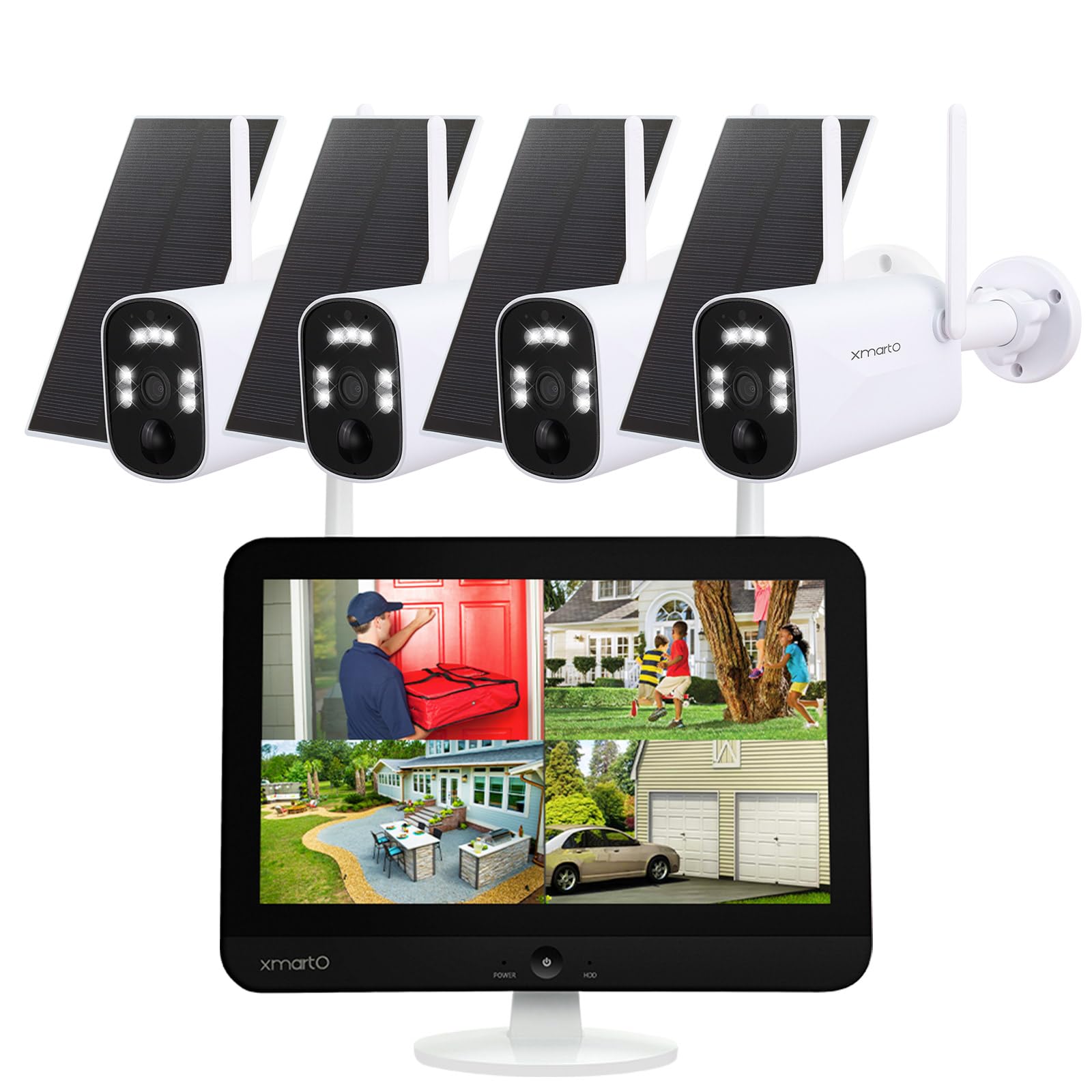 XMARTO Solar Powered Wireless Home Security Camera System with Screen - AI Motion Detection, Spot Light, Siren, SD & Cloud Storage - Weatherproof Outdoor Surveillance for Yard, Garage & Property Protection