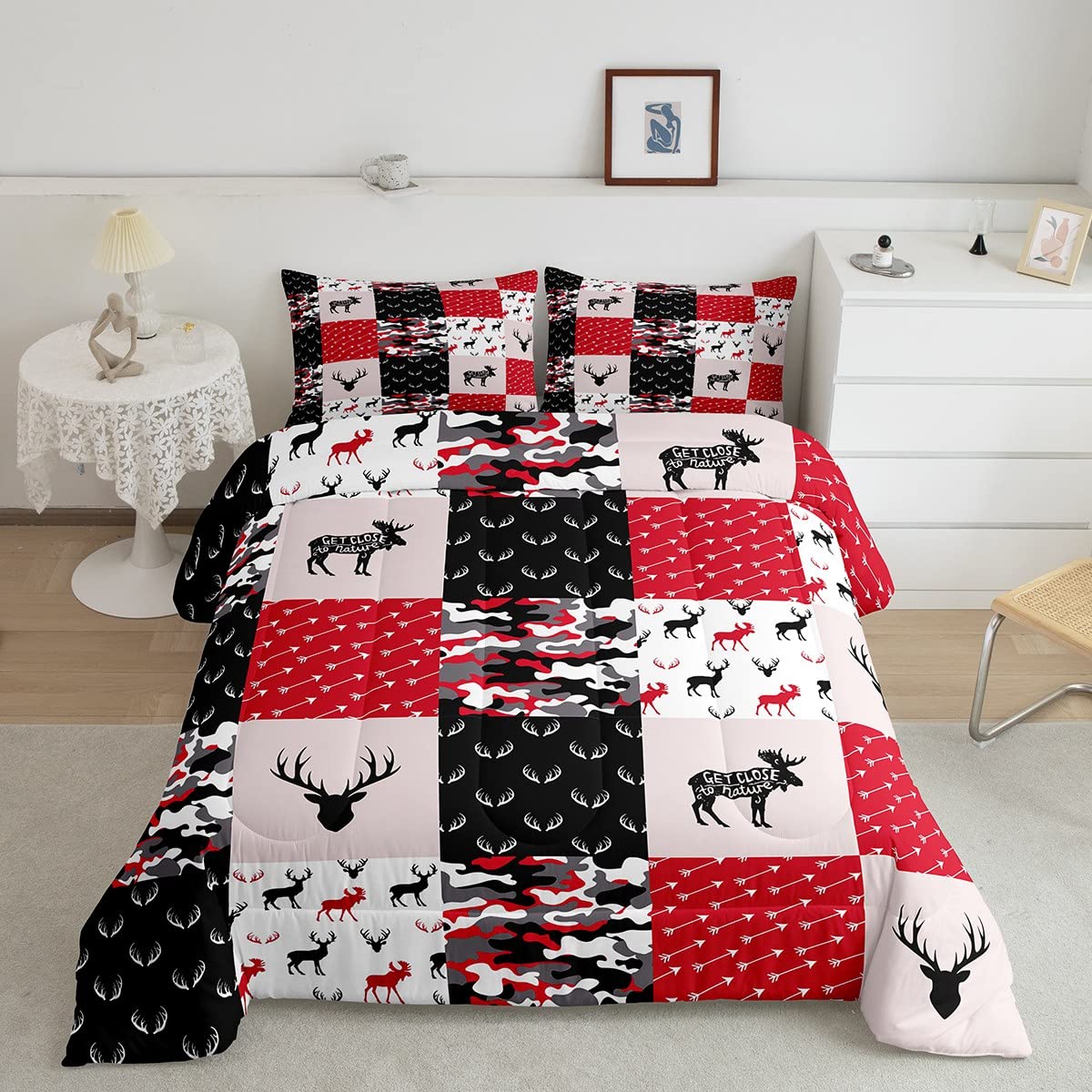 Erosebridal Boys Camo Comforter Set - Deer Silhouette King Size Bedding for Kids, Teens & Adults | Black White Red Camouflage Quilted Down Comforter with Antlers Grid Checkered Design & 2 Pillowcases | Perfect for Hunting Lodge, Cabin Decor or Outdoor-Themed Bedrooms