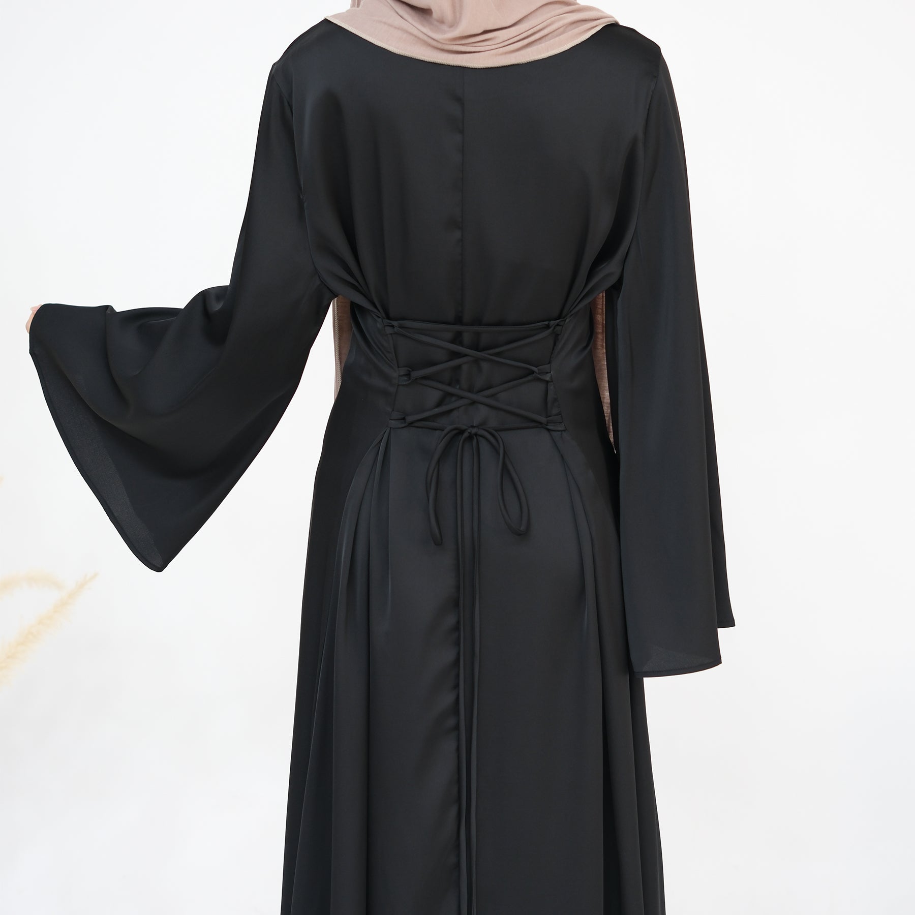 Elegant Calista Trumpet Sleeves Satin Dress in Black - Perfect for Evening Parties, Weddings & Special Occasions