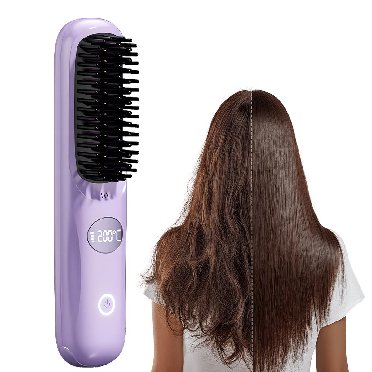2025 Upgraded Go Brush - Cordless Mini Hair Straightener Brush with LCD Temperature Display, Fast Heating & Portable Design for Travel | Perfect for Home, Salon & On-The-Go Styling (Purple)
