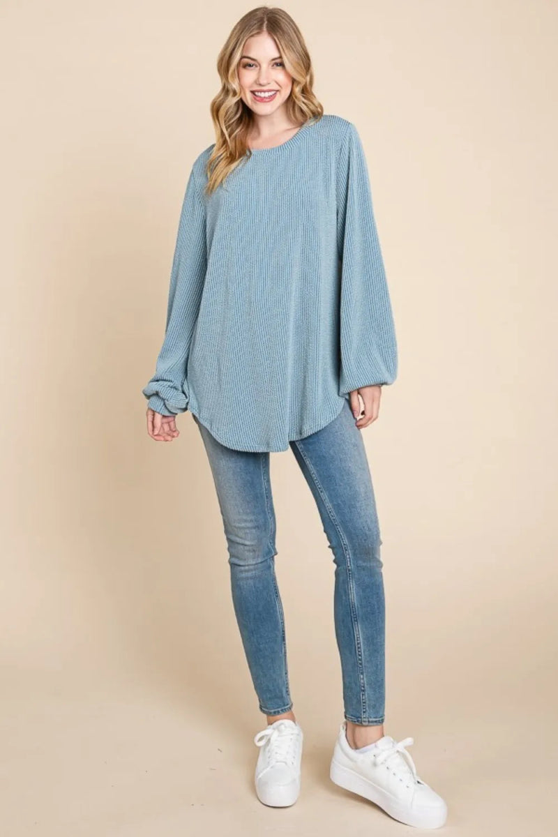 BOMBOM Women's Long Sleeve Ribbed T-Shirt with Curved Hem - Soft Stretch Casual Top for Everyday Wear, Layering & Fall Fashion