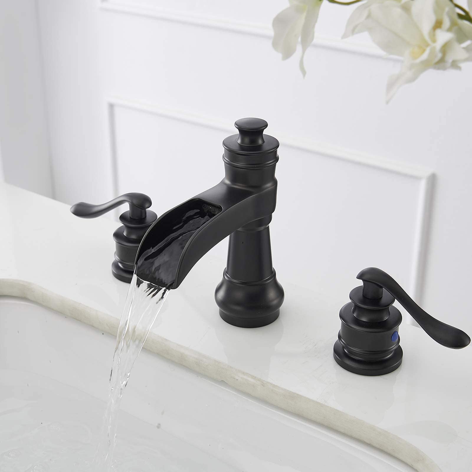 Black Bathroom Sink Faucet Waterfall Single Hole & Kitchen Faucet with Pull Down Sprayer - 3 Mode Outlet for Modern Home Renovation | Perfect for Bathroom Vanity, Kitchen Sink, and Commercial Use