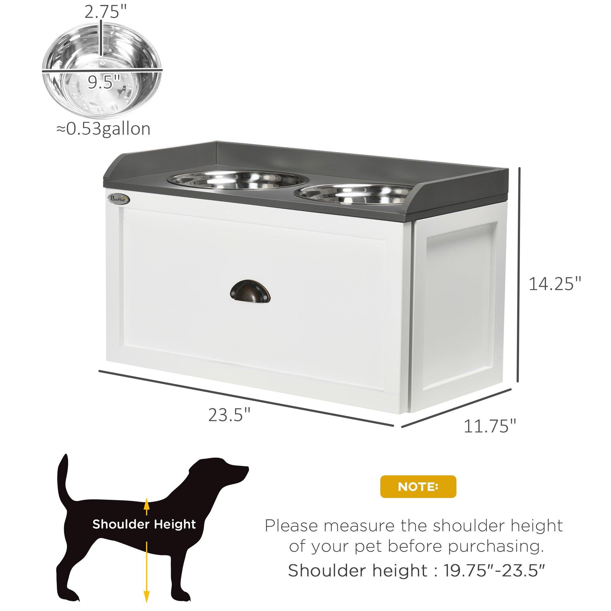 Premium Elevated Dog Feeding Station with Storage Drawer - 2 Removable Stainless Steel Bowls for Large Dogs - White Pet Food Storage Cabinet - Perfect for Kitchen, Laundry Room or Mudroom Organization