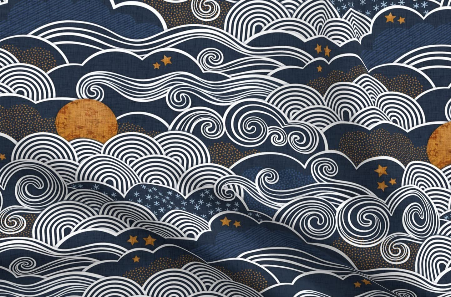 Night Sky Clouds Gold Stars Printed Velvet Fabric - Sky Blue Mustard Dark Navy Upholstery Material for Home Decor, Apparel & DIY Projects | Fat Quarter for Sewing, Quilting & Crafts