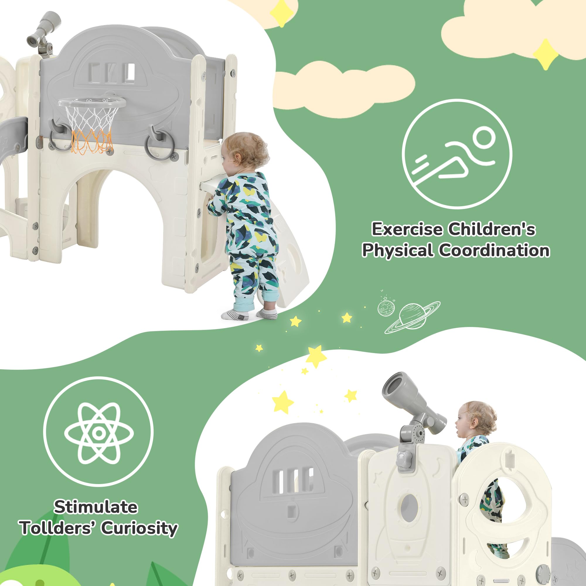 7-in-1 Toddler Slide & Climbing Playset for Kids Ages 1-3 - Indoor/Outdoor Slide with Basketball Hoop, Ring Toss & Telescope - Perfect for Backyard, Playroom & Preschool Playground (Grey)
