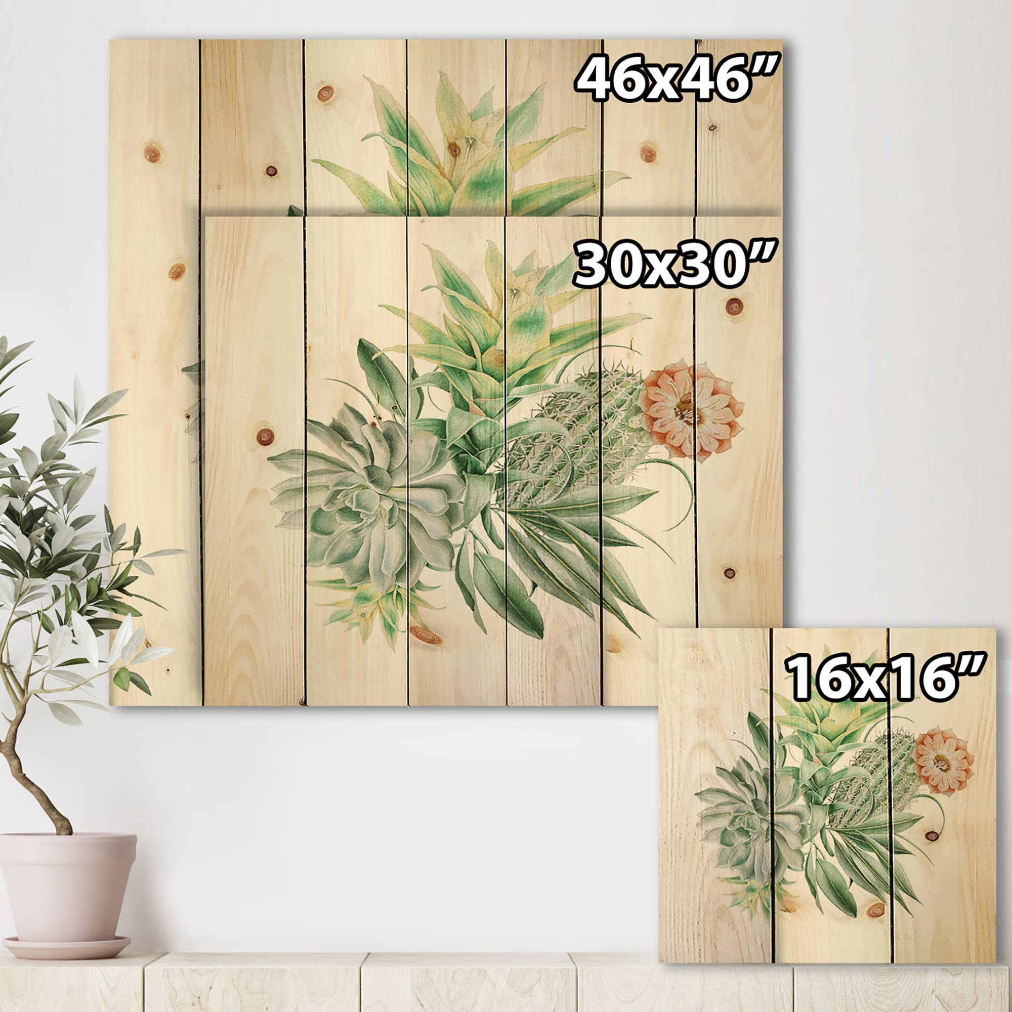 DesignQ Cactus & Succulent Bouquet Wood Wall Art - Large Floral Pine Wood Panel Decor for Living Room, Bedroom & Office - Traditional Green Botanical Wall Hanging