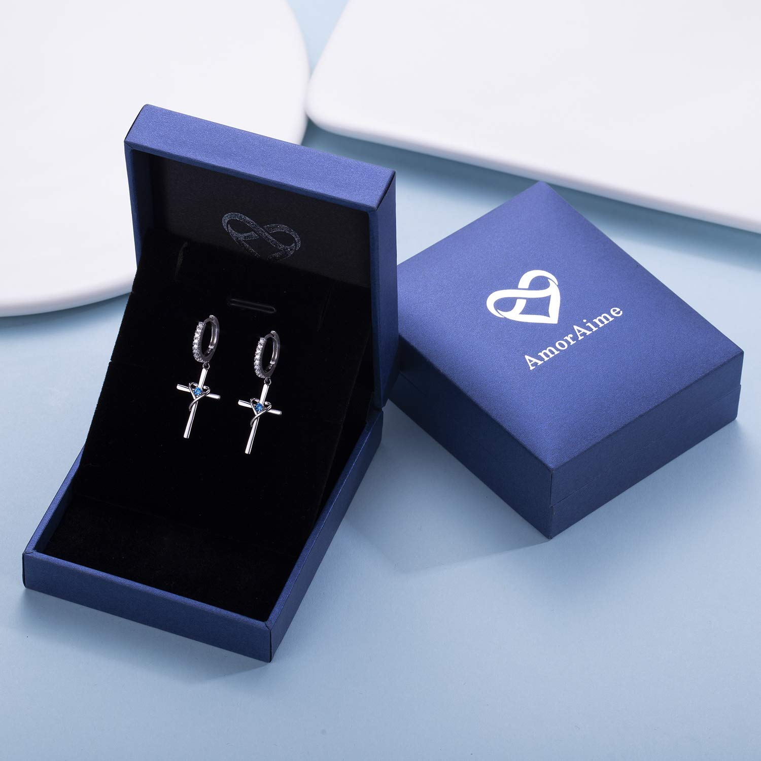 AmorAime 925 Sterling Silver Heart & Cross Dangle Earrings for Women - 14k Gold Plated Birthstone Jewelry - Perfect for Easter Gifts, Birthday Presents & Everyday Wear