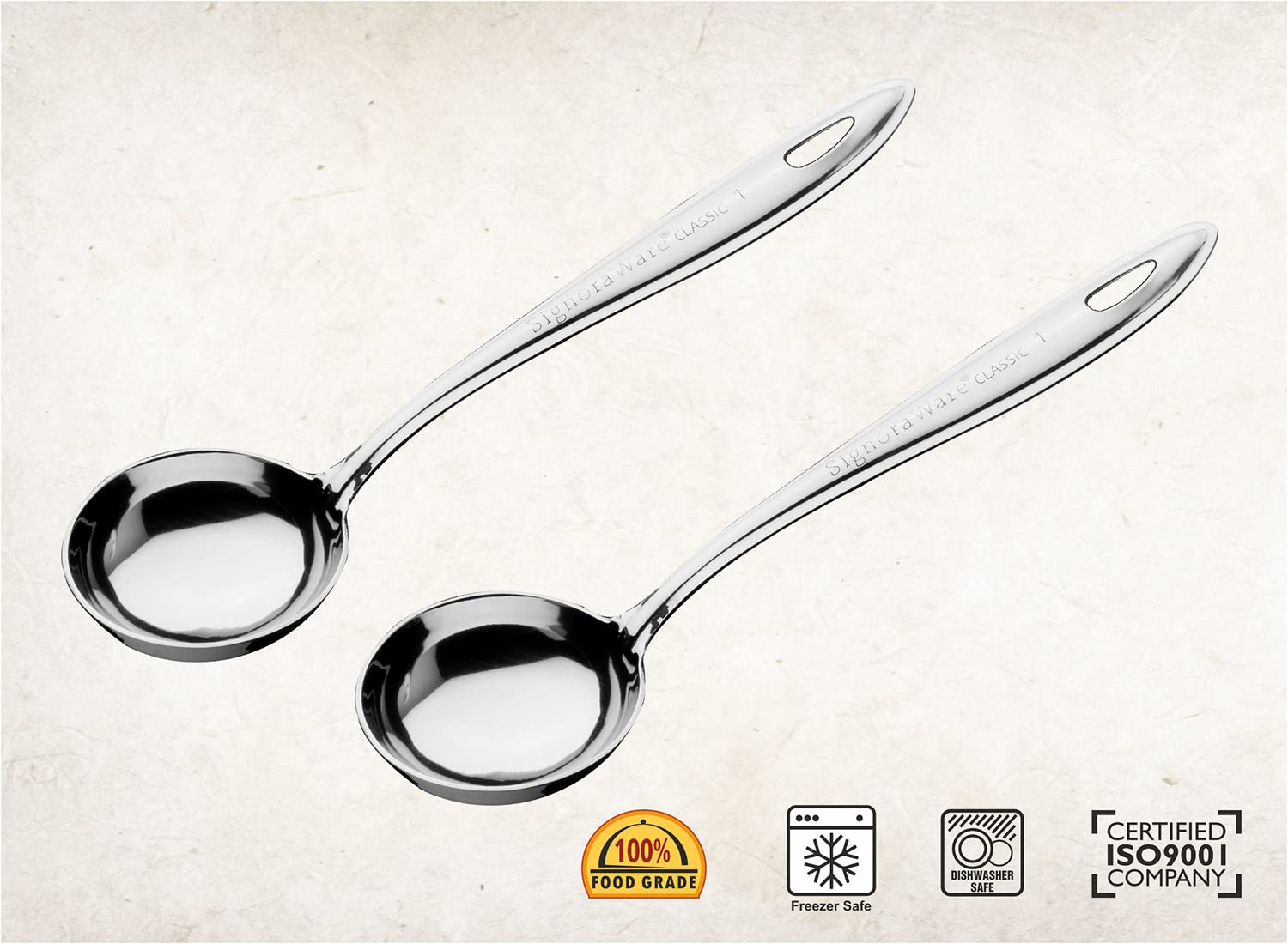 SignoraWare Premium Stainless Steel Food Grade Soup Ladle Set of 2 - 1.1mm Heavy Duty Kitchen Ladle for Cooking, Serving Gravy, Dal, Curry - 21.7cm (Perfect for Restaurants, Catering & Home Kitchens)