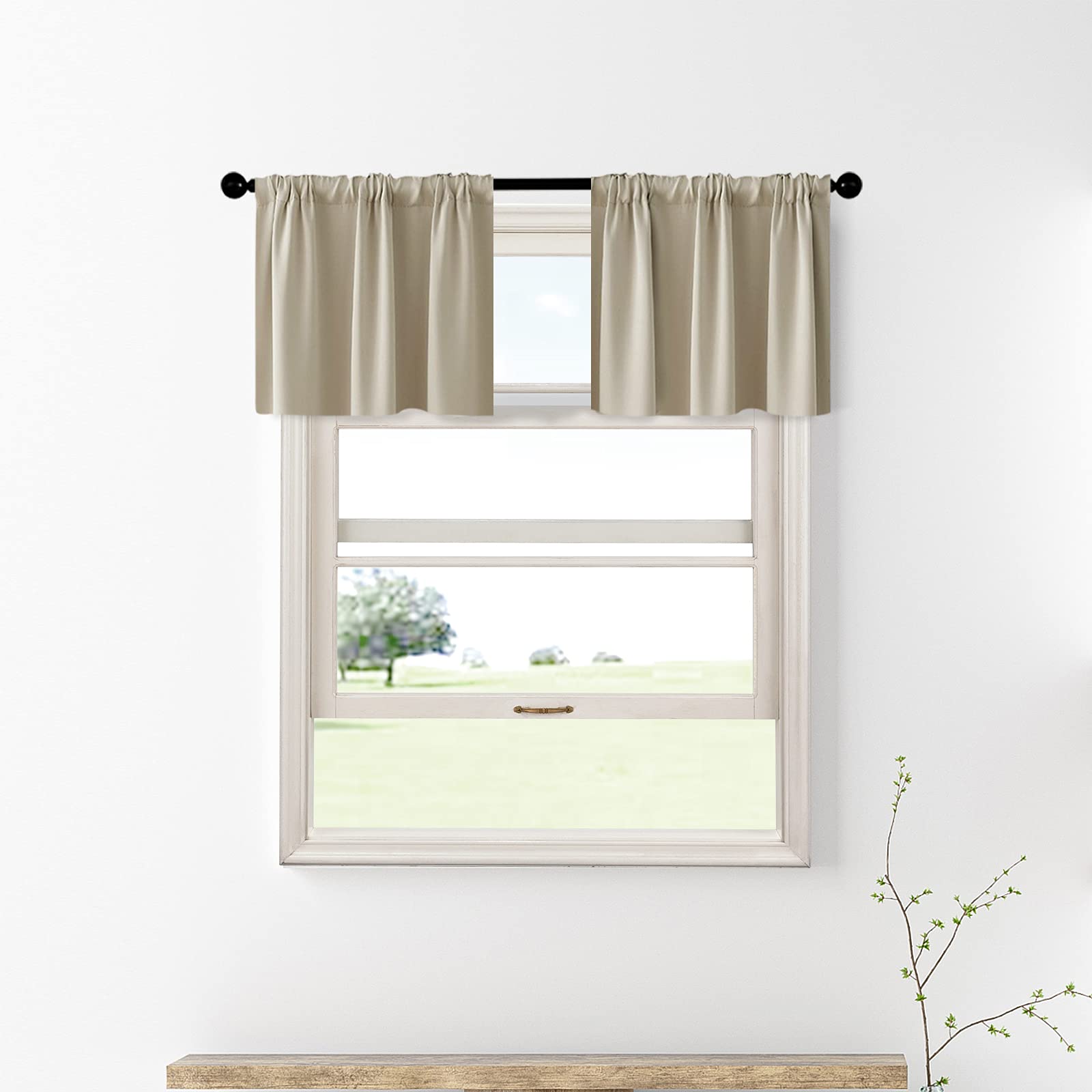 MRTREES 18 Inch Beige Blackout Valance Curtains for Kitchen & Bathroom - Room Darkening Triple Weave Short Cafe Curtains, Set of 2 Panels (34x18 Inches) - Perfect for Half Windows, Small Spaces & Home Decor