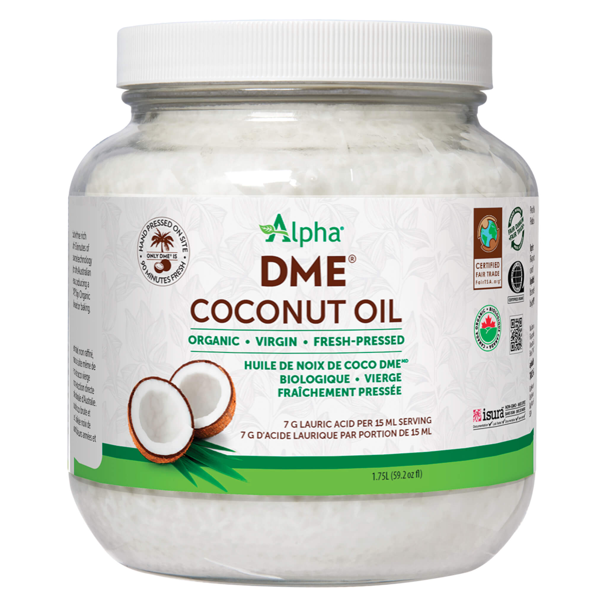 Organic DME Raw Virgin Coconut Oil - 1.75 Liter (59.2 oz) Cold-Pressed Unrefined for Cooking, Skin & Hair Care - Perfect for Baking, Smoothies & Natural Beauty Treatments