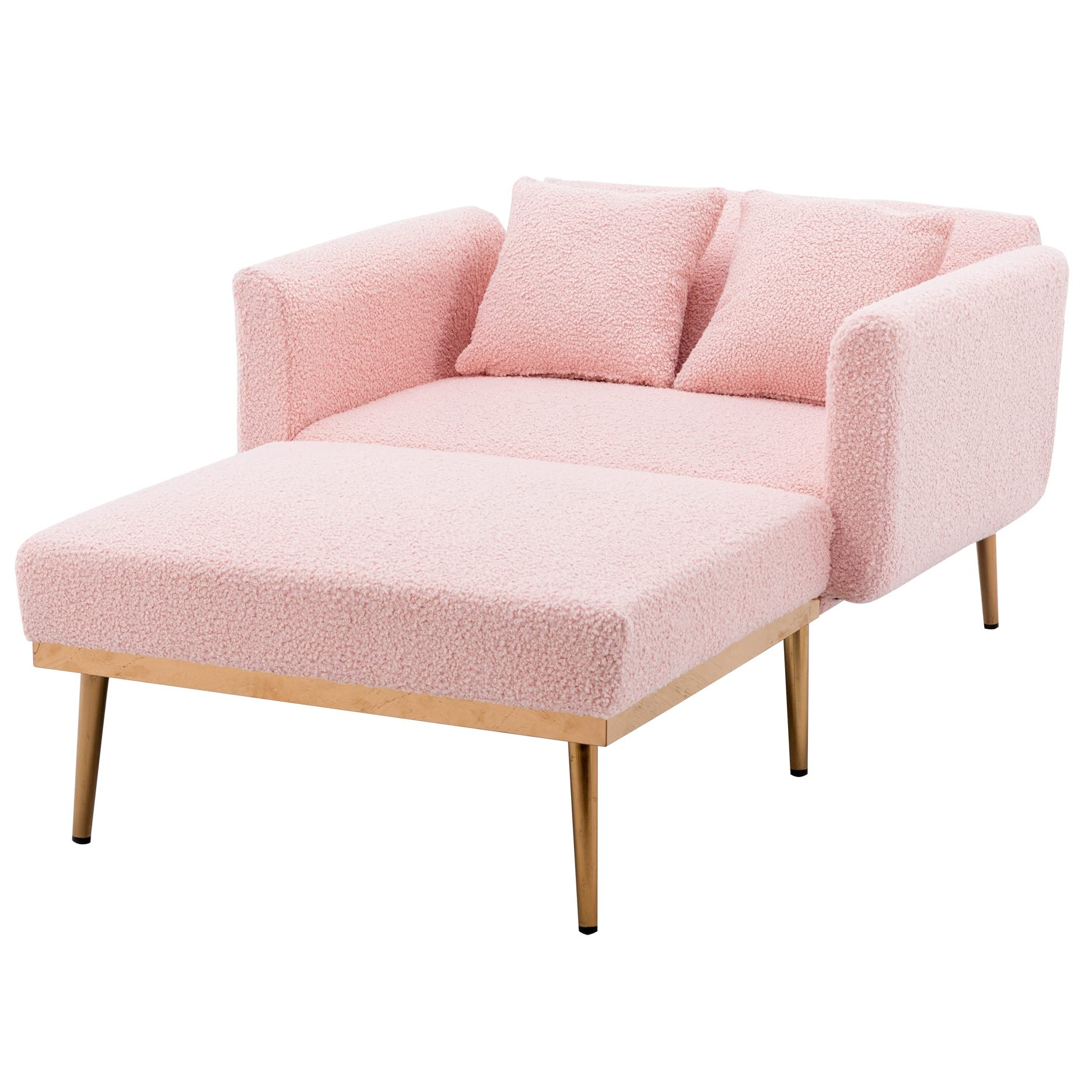 3-in-1 Convertible Chaise Lounge Chair with Ottoman - Modern Recliner Sleeper & Reading Accent Chair for Living Room, Home Office & Study - Includes 2 Comfort Pillows (Pink Teddy Fabric) - Perfect for Relaxing, Napping & Entertaining Guests