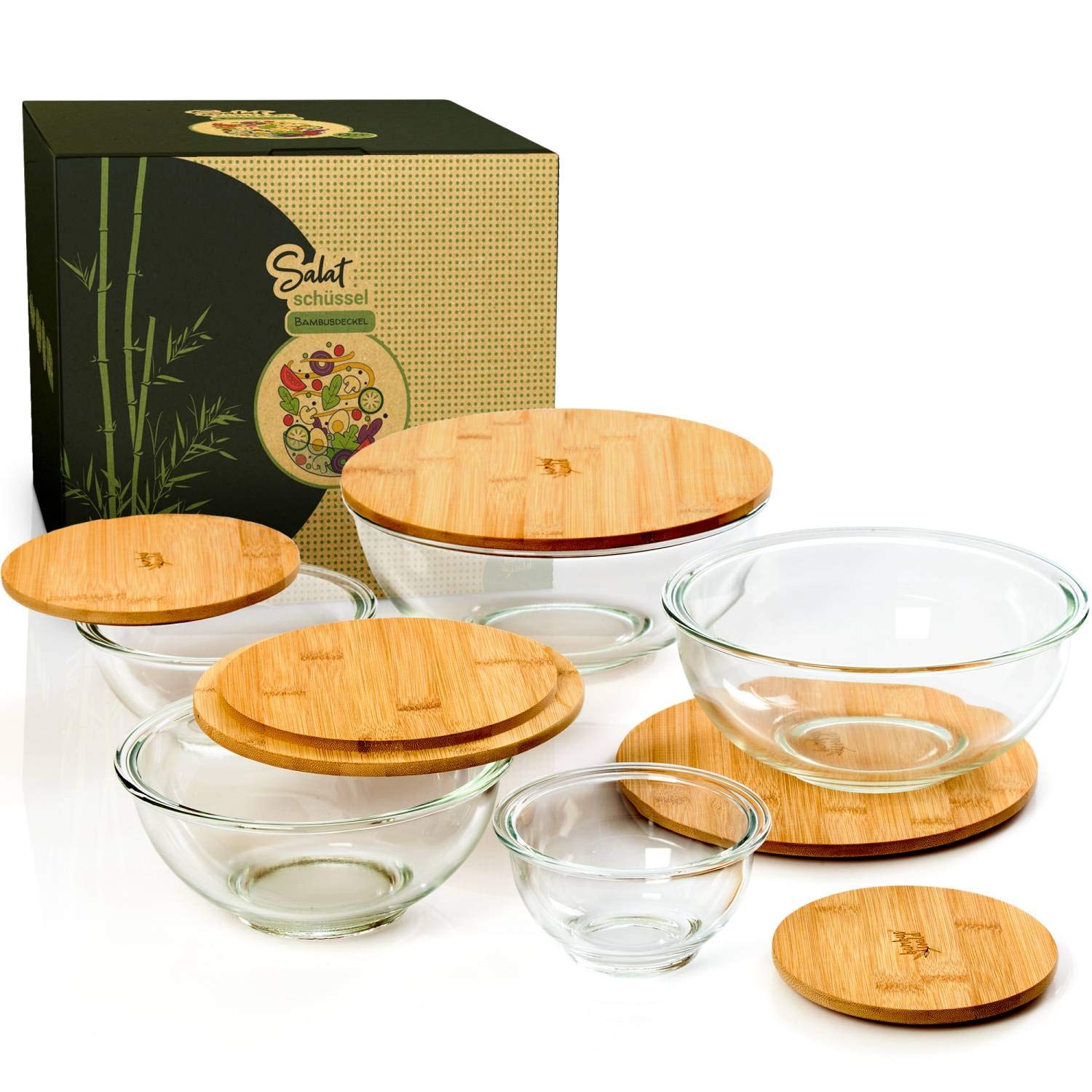 Premium Glass Salad Bowl with Bamboo Lid - 5-Piece Set for Mixing, Cooking, Cereal, Serving & Soup | Durable Kitchenware for Salads, Fruits, Meals & Home Decor | Microwave & Dishwasher Safe