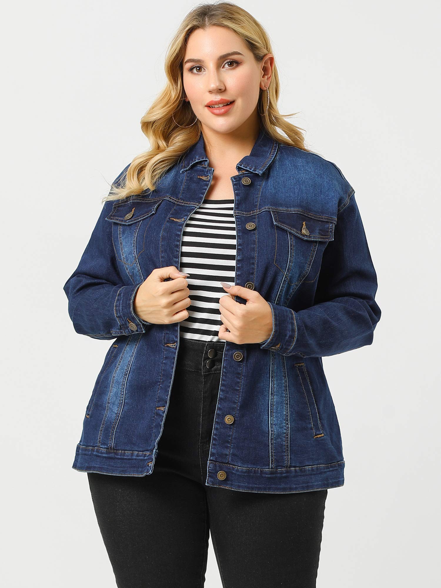 Women's Plus Size Denim Jean Jacket - Distressed Washed Button Front Stitching Design for Casual Outfits & Streetwear Fashion