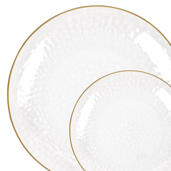 Elegant Clear & Gold Round Hammered Plastic Plates - Organic Style for Parties, Weddings & Home Decor - Shatterproof Disposable Dinnerware for Events