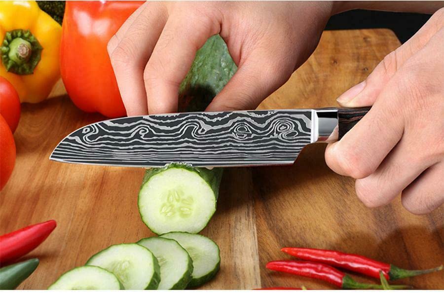 Premium 5-inch Stainless Steel Santoku Utility Knife with Damascus Pattern - Professional Kitchen Knife for Slicing, Dicing & Chopping Vegetables, Meat & Fish - Ideal for Home Chefs & Cooking Enthusiasts