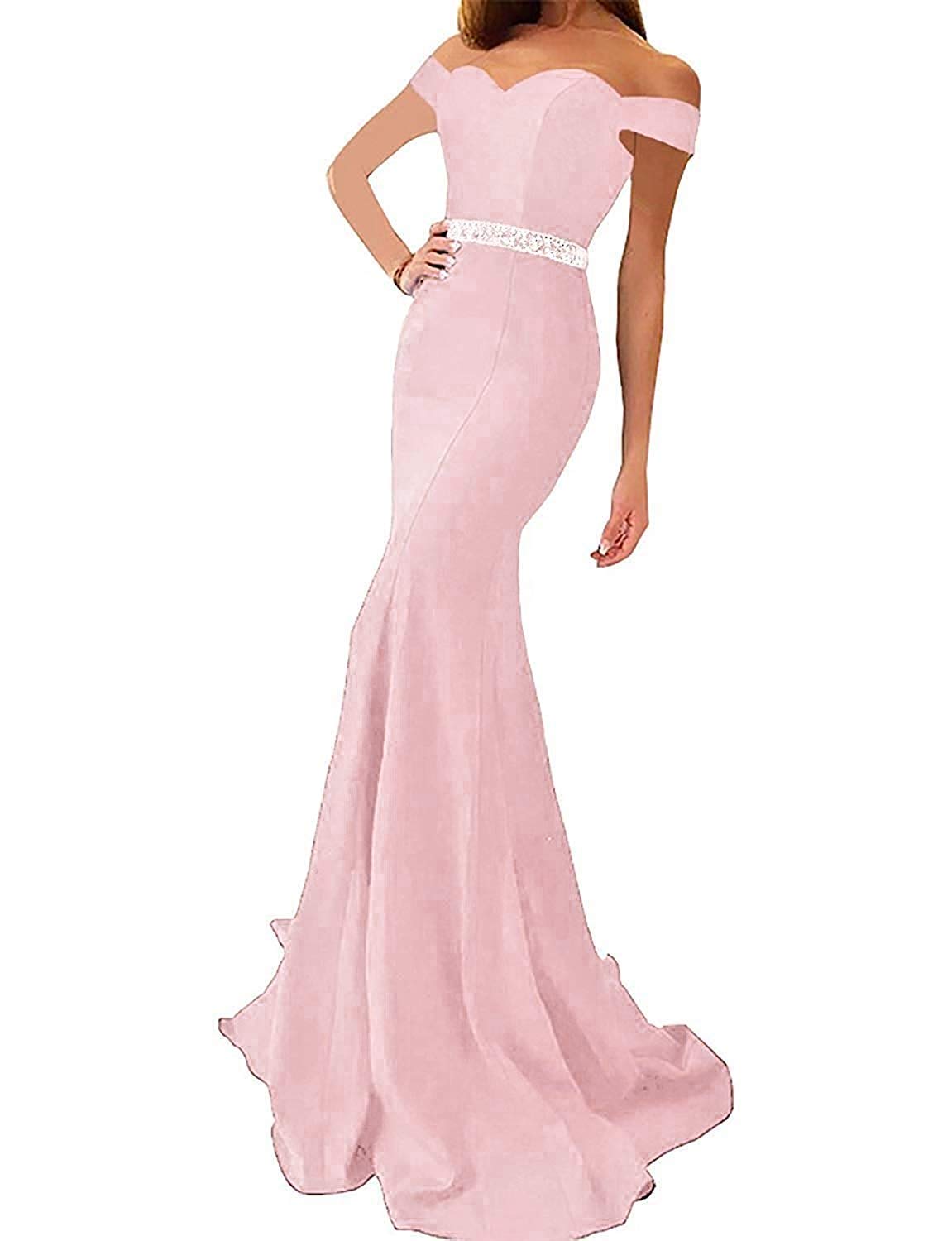 Honeydress Women's Off Shoulder Beaded Satin Mermaid Formal Dress Long Prom Gown with Train - Elegant Evening Gown for Weddings, Galas & Special Occasions