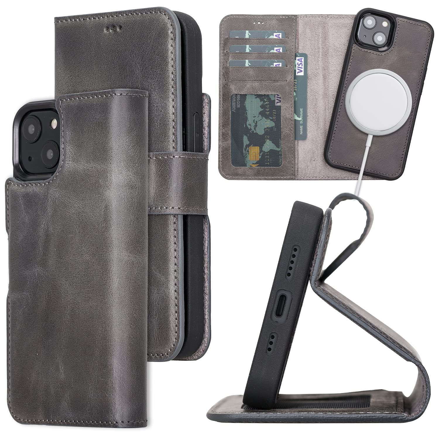 Bayelon Genuine Leather iPhone 13 Case with Detachable Magnetic Wallet - 2-in-1 Flip Cover with Card Slots & Kickstand | Compatible with MagSafe (Smoked Black) | Perfect for Business Travel & Everyday Use