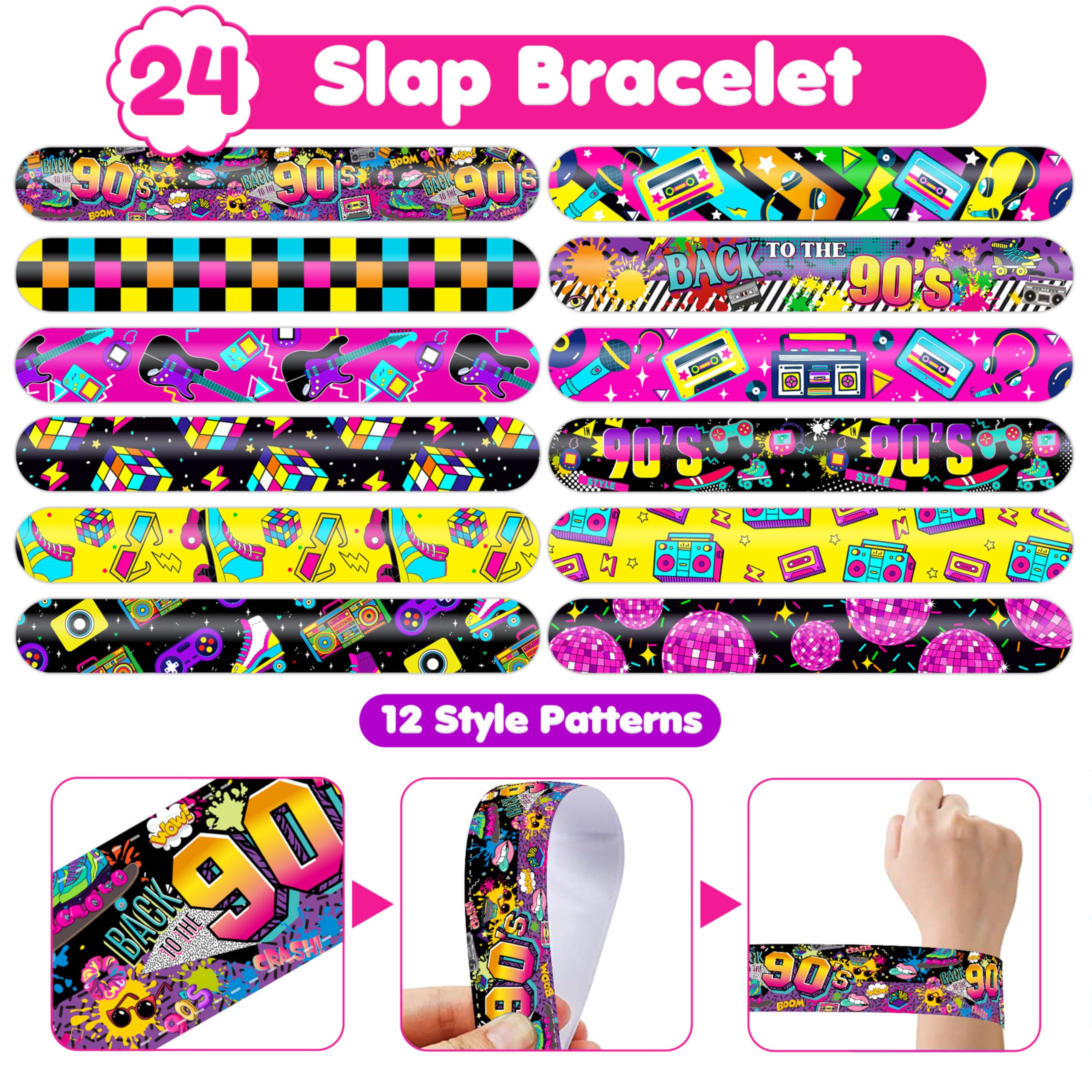 48PCS 90s & 80s Party Favors - 24PCS Temporary Tattoos & 24PCS Slap Bracelets, Retro 90s Birthday Party Supplies Decorations for Kids, Classroom Prizes & Rewards for Boys & Girls - Perfect for 90s Theme Parties, School Events & Birthday Gifts