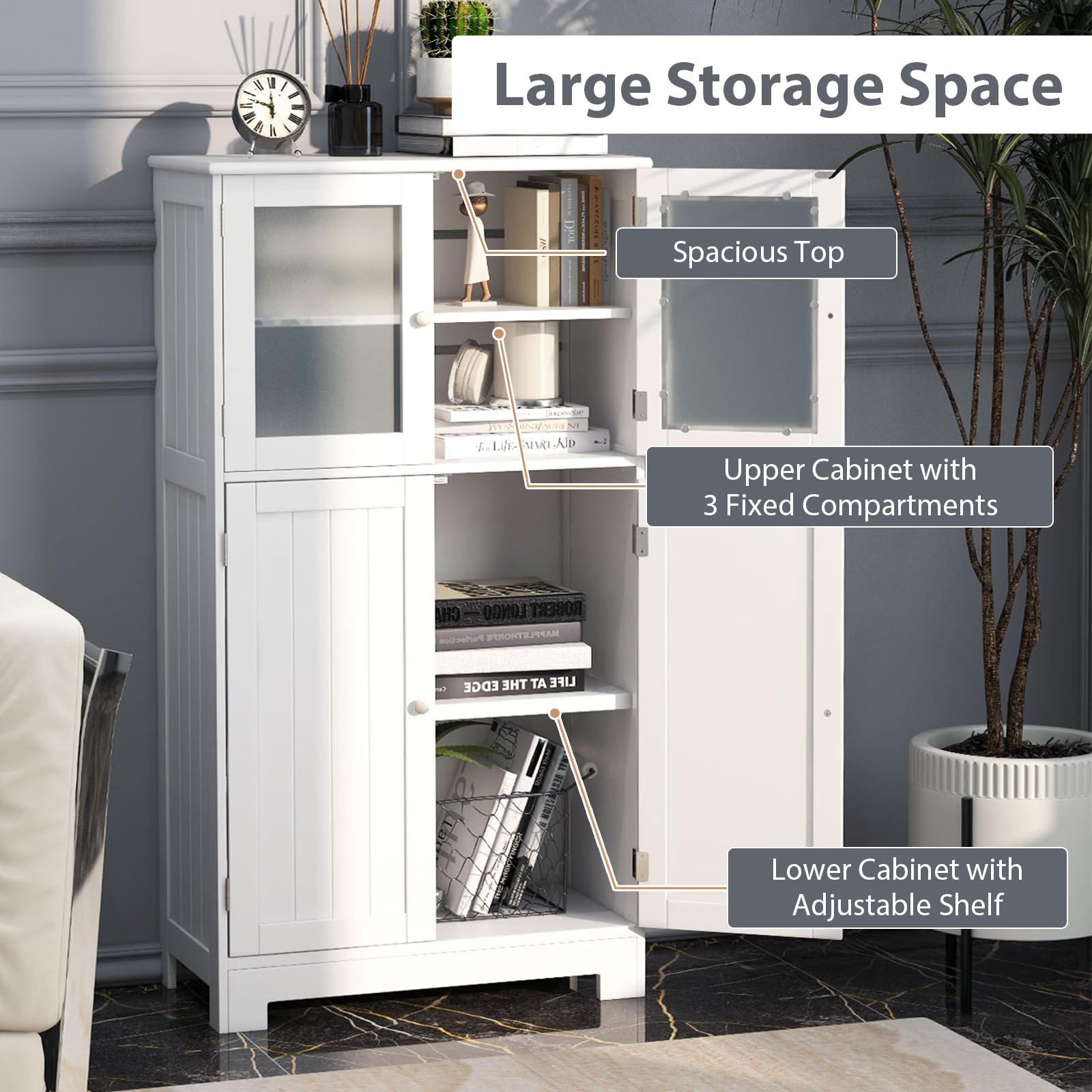 Space-Saving Wooden Bathroom Cabinet with 2 Glass Doors - 30 x 60 x 109 cm White Bathroom Storage Organizer for Small Spaces - Perfect for Bathroom, Kitchen, Living Room & Bedroom Storage Solutions
