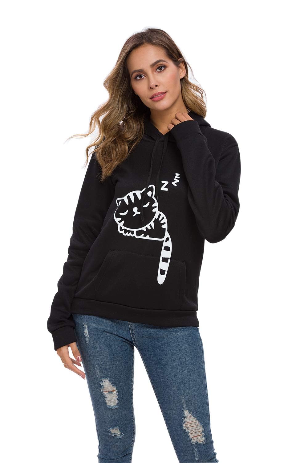 RGOSME Women's Cute Cat Ear Hoodie Sweatshirt - Soft Pullover with Cat Print for Teens & Girls | Perfect for Sleeping, Lounging & Casual Wear