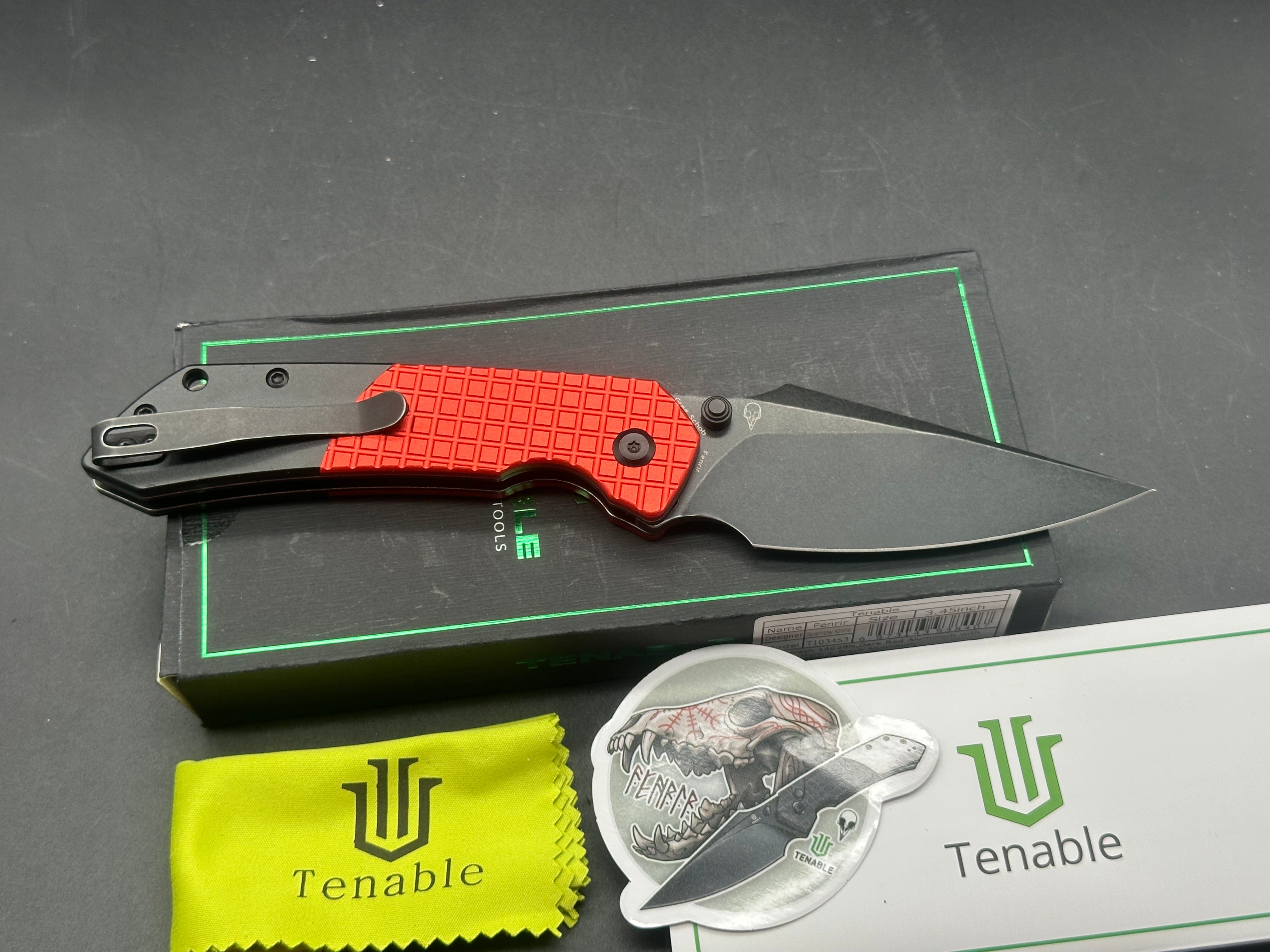 Tenable Button Lock Fenrir Dark Red Aluminum Folding Knife with Frag Pattern & Black Handle - EDC, Outdoor Survival, Camping, Hunting, and Tactical Use
