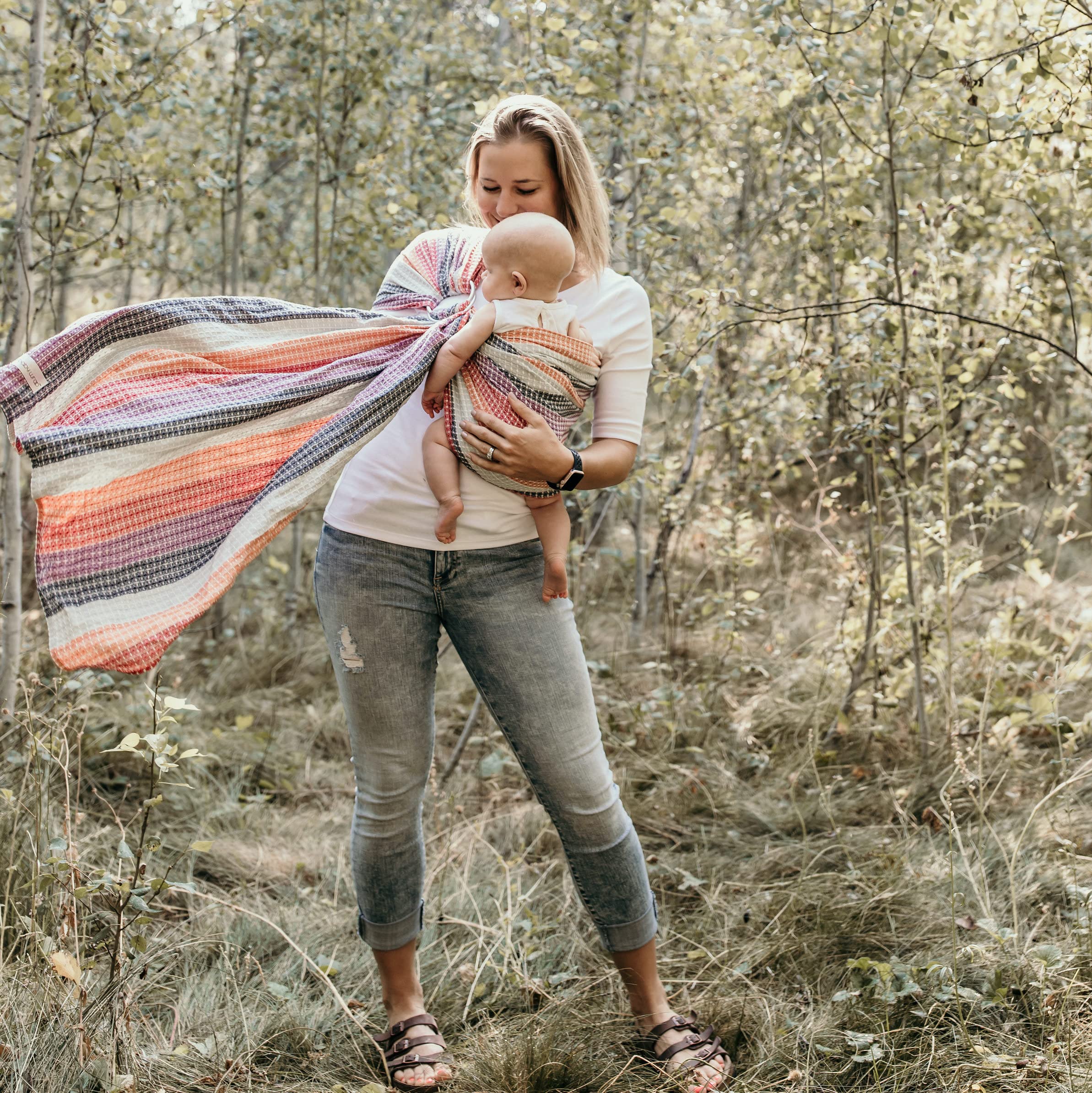 Premium Baby Wrap Ring Sling Carrier - 100% Soft Cotton Infant & Toddler Carrier for 8-35 lbs - Hands-Free Babywearing for Newborns - Ideal Nursing Cover & Baby Shower Gift (Rainbow Honeycomb) - Perfect for Shopping, Travel & Bonding Time