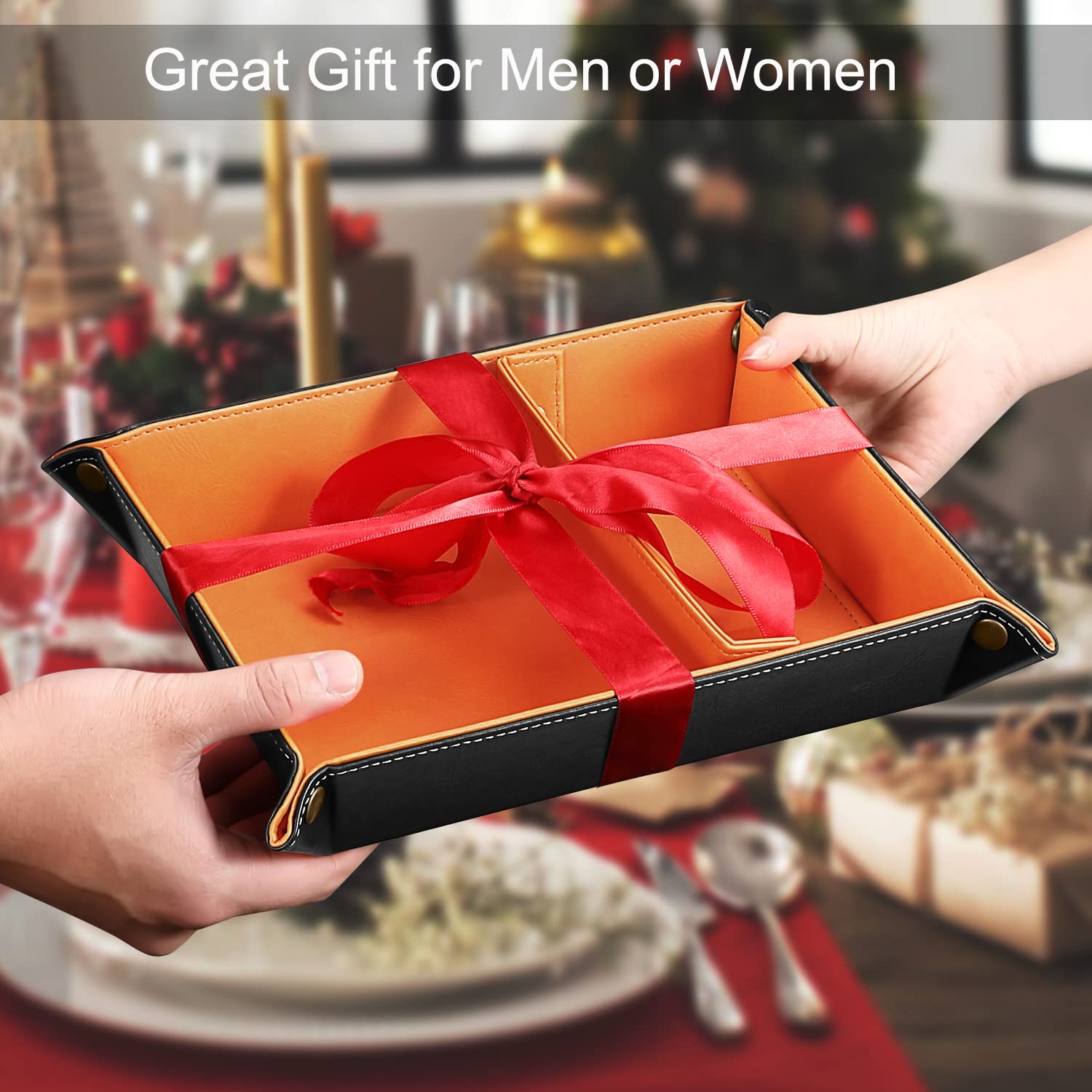 SITHON Valet Tray with Removable 2 Compartments - Orange Desktop Organizer for Jewelry, Keys & Essentials | Bedside, Vanity & Nightstand Storage Solution | Perfect for Home Office & Dresser Organization