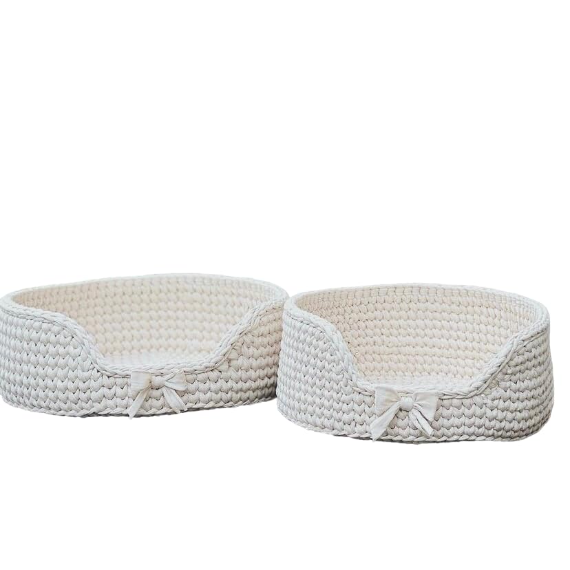 Hand-Knitted Round Cat Basket Bed - Cozy Pet Bed for Cats & Small Dogs (45x17cm, Cream) - Perfect for Napping, Lounging & Indoor Comfort