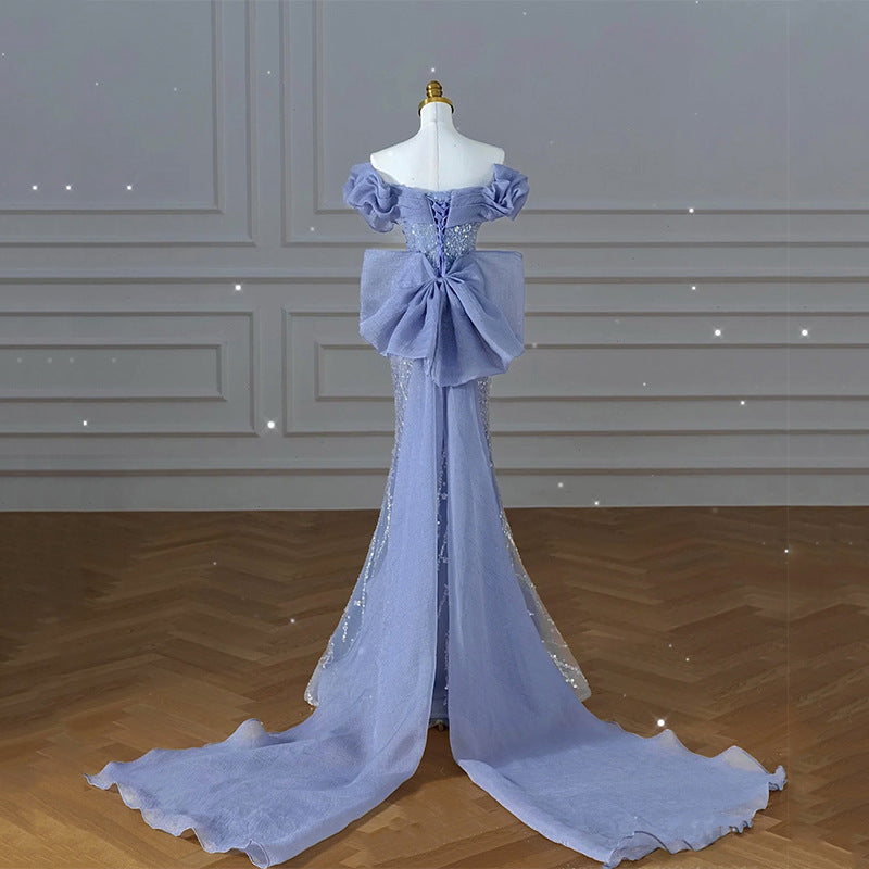 Elegant Blue Beaded Mermaid Prom Dress with Off-Shoulder Sparkly Design - Perfect for Evening Gala, Homecoming, and Formal Events