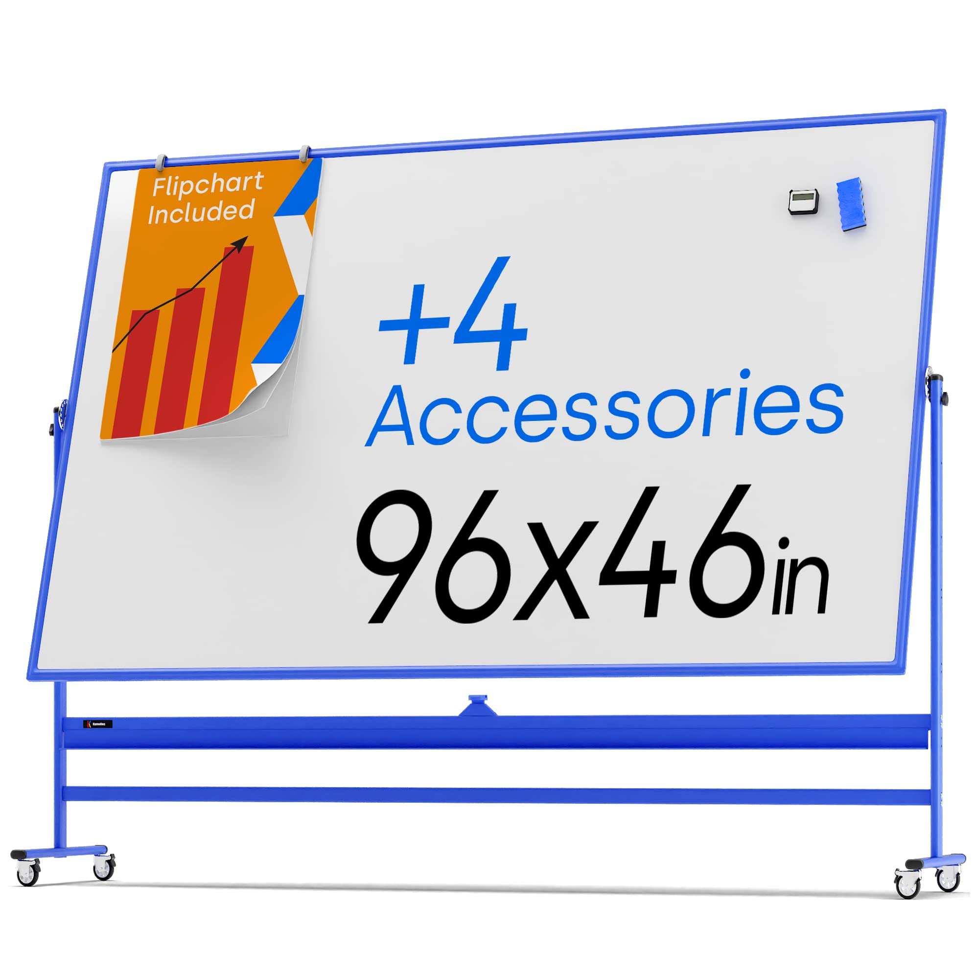 96 x 46 Inch Rolling Magnetic Whiteboard - Large Portable Double Sided Dry Erase Board with Wheels & Stand - Mobile Easel Style Whiteboard for Office, Classroom, Home - Perfect for Presentations, Teaching & Creative Brainstorming