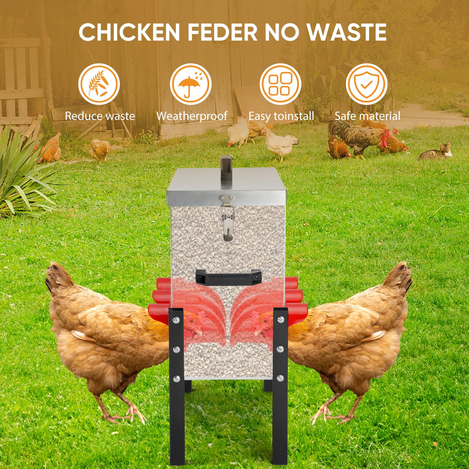 30 lbs Galvanized Metal Chicken Feeder Box with 6 Feeding Ports & Stand - Durable Poultry Feeder for Chickens, Ducks, Geese - Perfect for Coops, Farms & Backyard Flocks