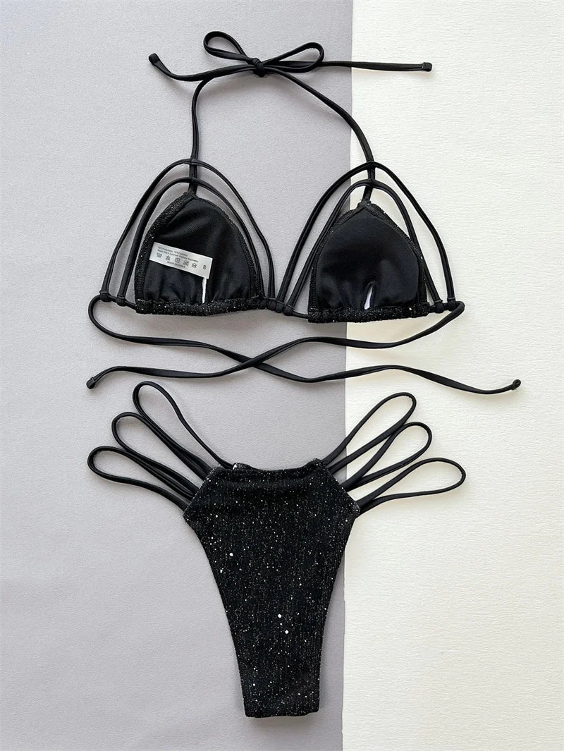 Sexy Black Halter Bikini Set 2025 - Push Up High Waist Swimsuit for Women, Bandage Bikini with Drawstring | Perfect for Beach Vacation, Pool Party & Summer Getaways