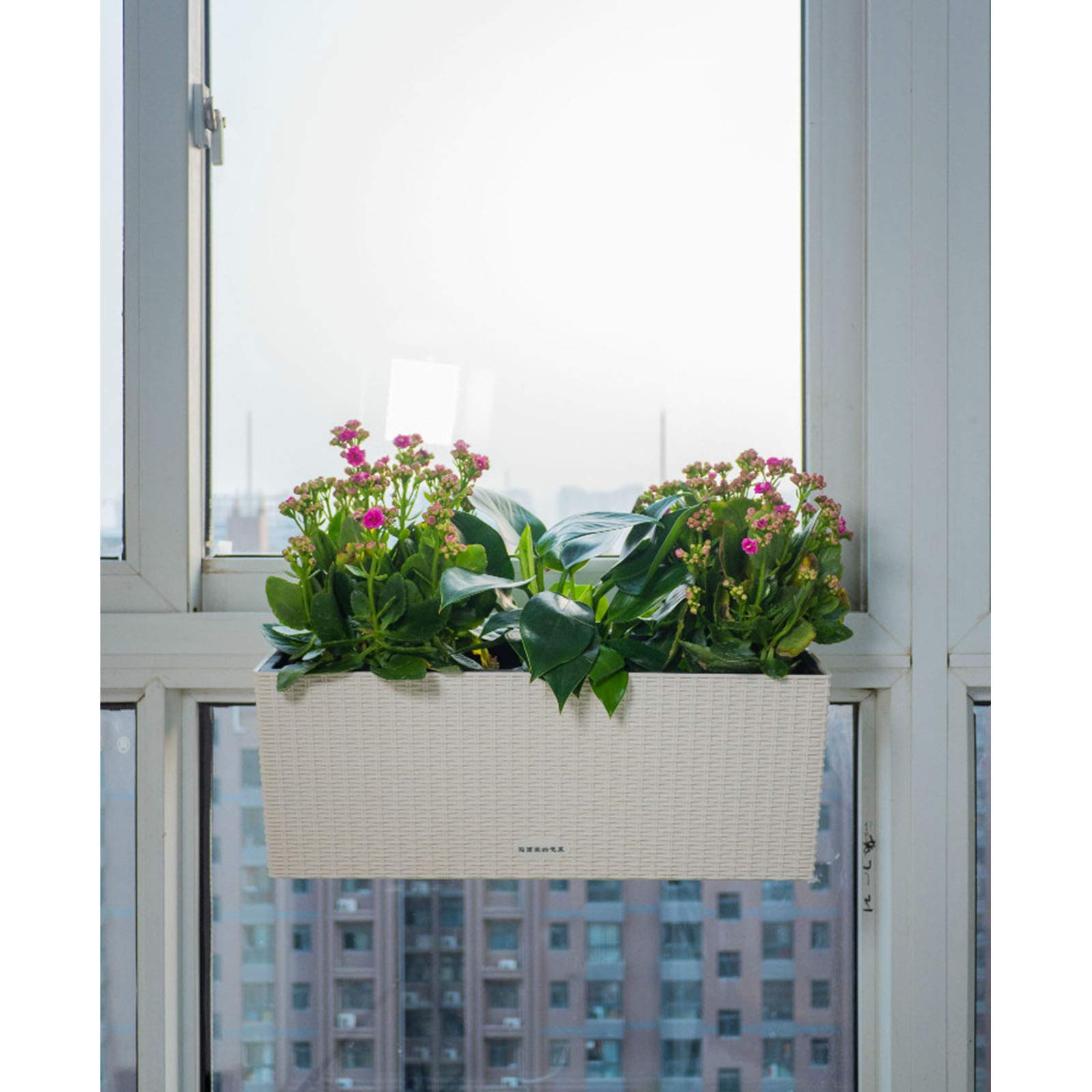 White 50cm Balcony Hanging Rattan Planters - Wicker Railing Planter with Zinc Pots, Hanging Window Box for Outdoor Flowers & Plants | Perfect for Deck, Patio & Garden Decor