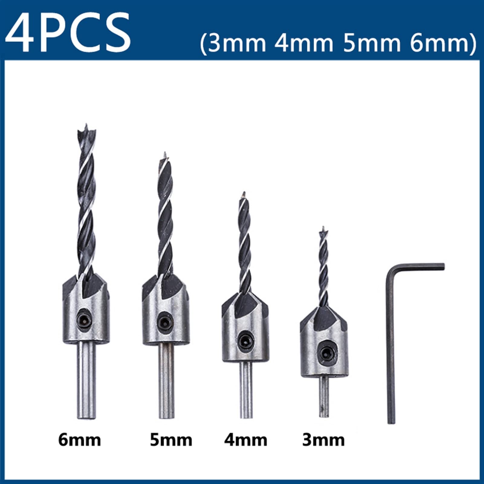 KIRANDY HSS Countersink Drill Bit Set - 4pcs 3-6mm Woodworking Chamfer & Counterbore Tool for Pilot Holes & Screw Holes - Perfect for Wood, Metal & Plastic DIY Projects