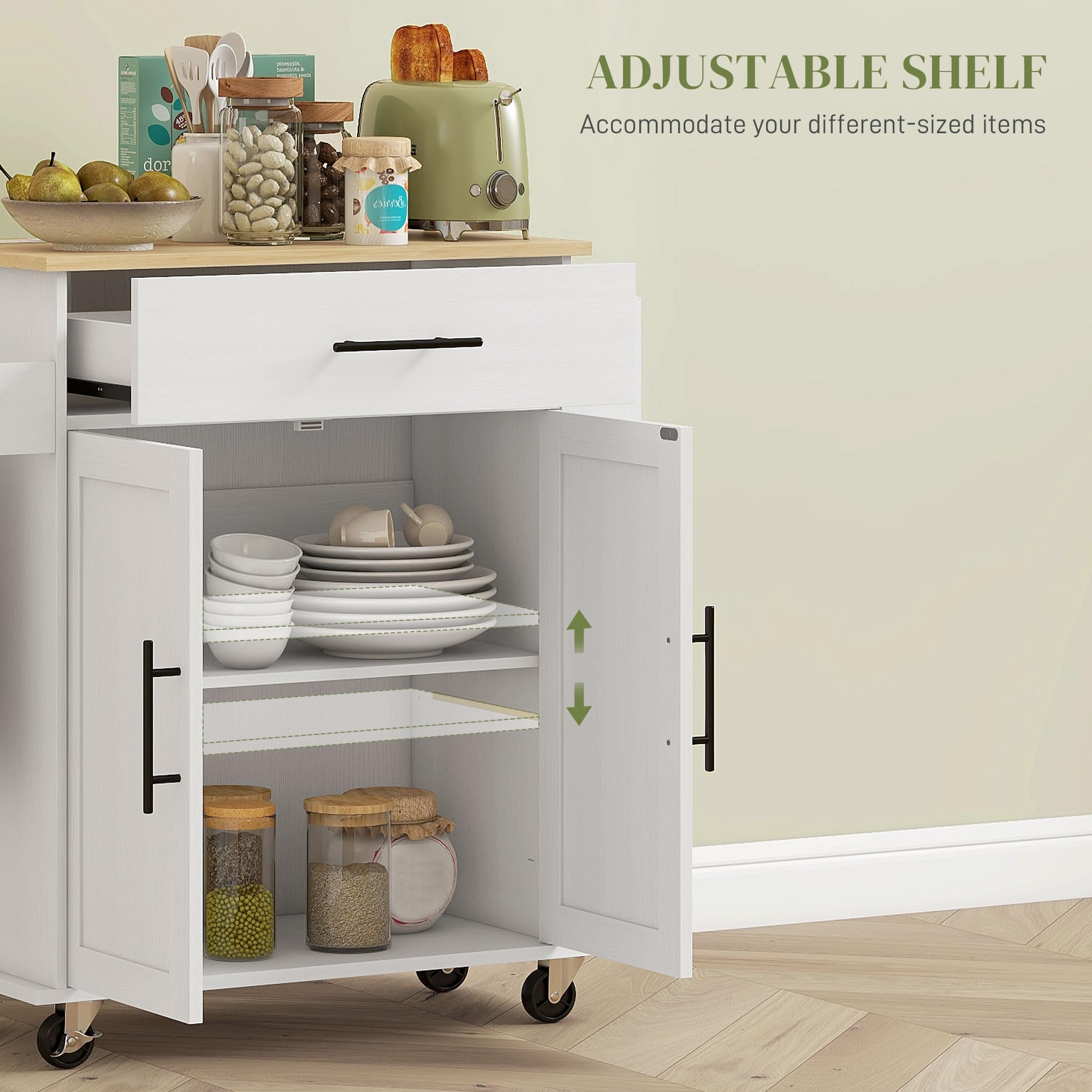 HOMCOM White Kitchen Cart with Wheels - Mobile Kitchen Island with Storage Shelf for Small Spaces, Perfect for Cooking, Baking & Dining Prep