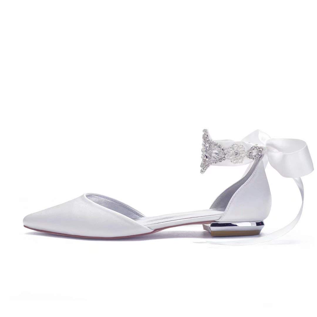 Satin Crystal Wedding Flats for Bride - Pointed Toe Ribbon Tie Party Dress Shoes for Women - Perfect for Bridal Showers, Receptions & Formal Events (Style 5047-69)