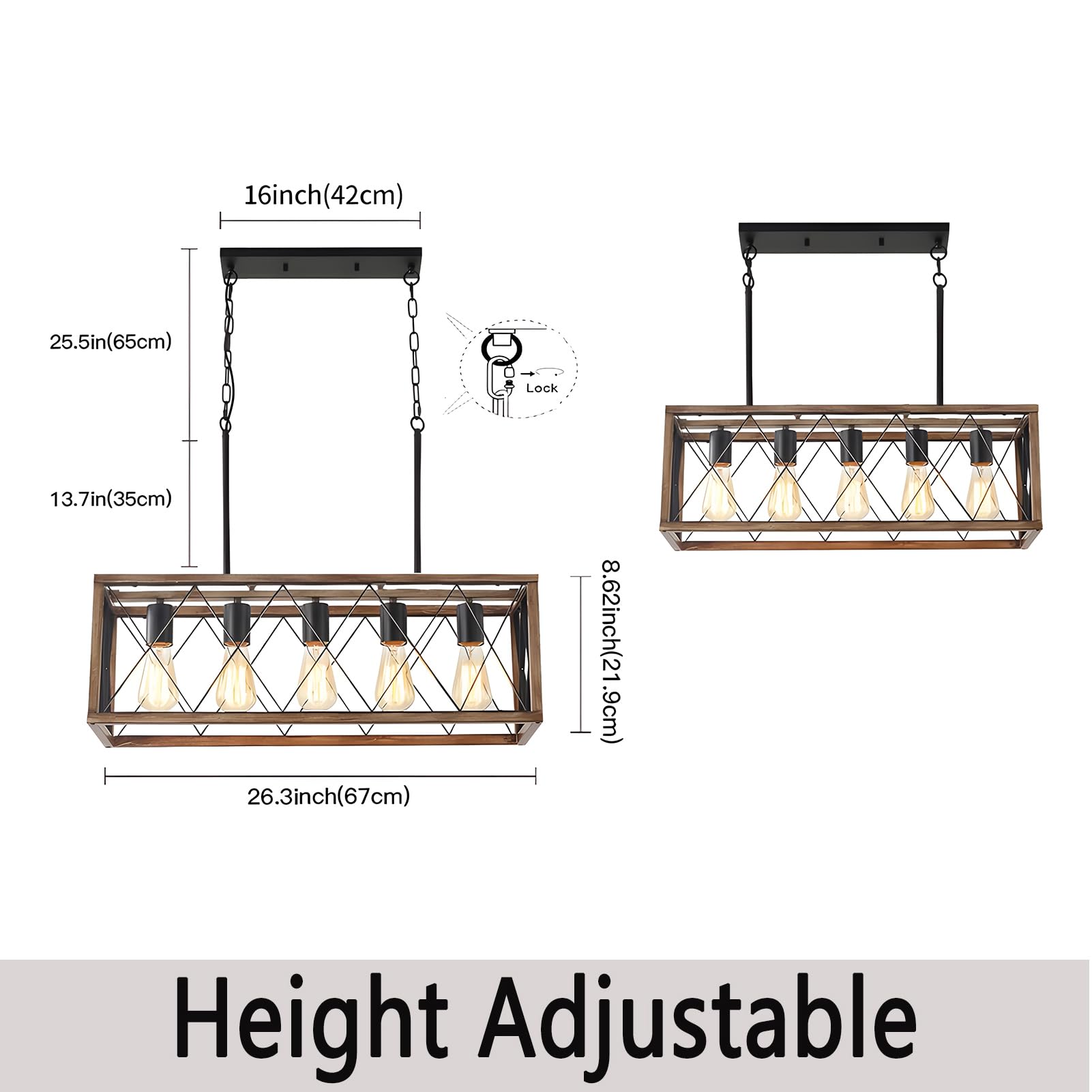 Farmhouse 5-Light Adjustable Height Dining Room Chandelier - Industrial Metal Kitchen Pendant Lighting for Island, Table & Sink - Wood Grain Finish - Perfect for Rustic Kitchens, Dining Areas & Farmhouse Decor