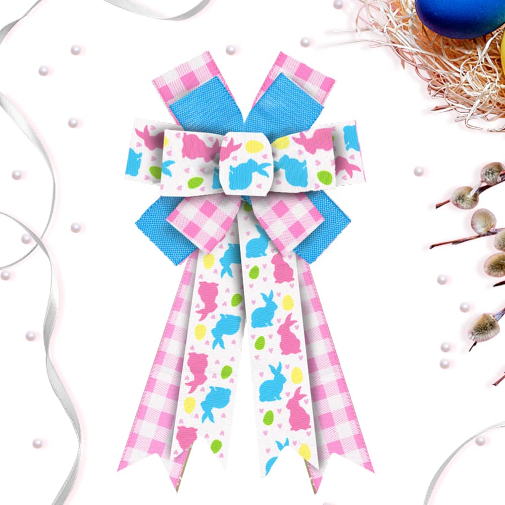 Easter Wreath Bows - Pink & Blue Rabbit Plaid Burlap Ribbon Bows for Wreaths, Easter Tree Toppers | Indoor/Outdoor Easter Decorations, Bunny Party Supplies, Spring Home Decor (Set of 6) - Perfect for Front Door Wreaths, Easter Party Decor, Gift Wrapping & Spring Craft Projects