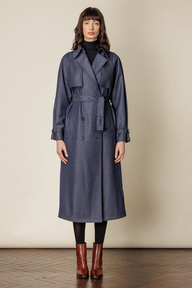 Maddie Women's Denim Blue Wool Gabardine Trench Coat | Classic Long Coat for Fall & Winter | Office, Dating & Casual Outfits
