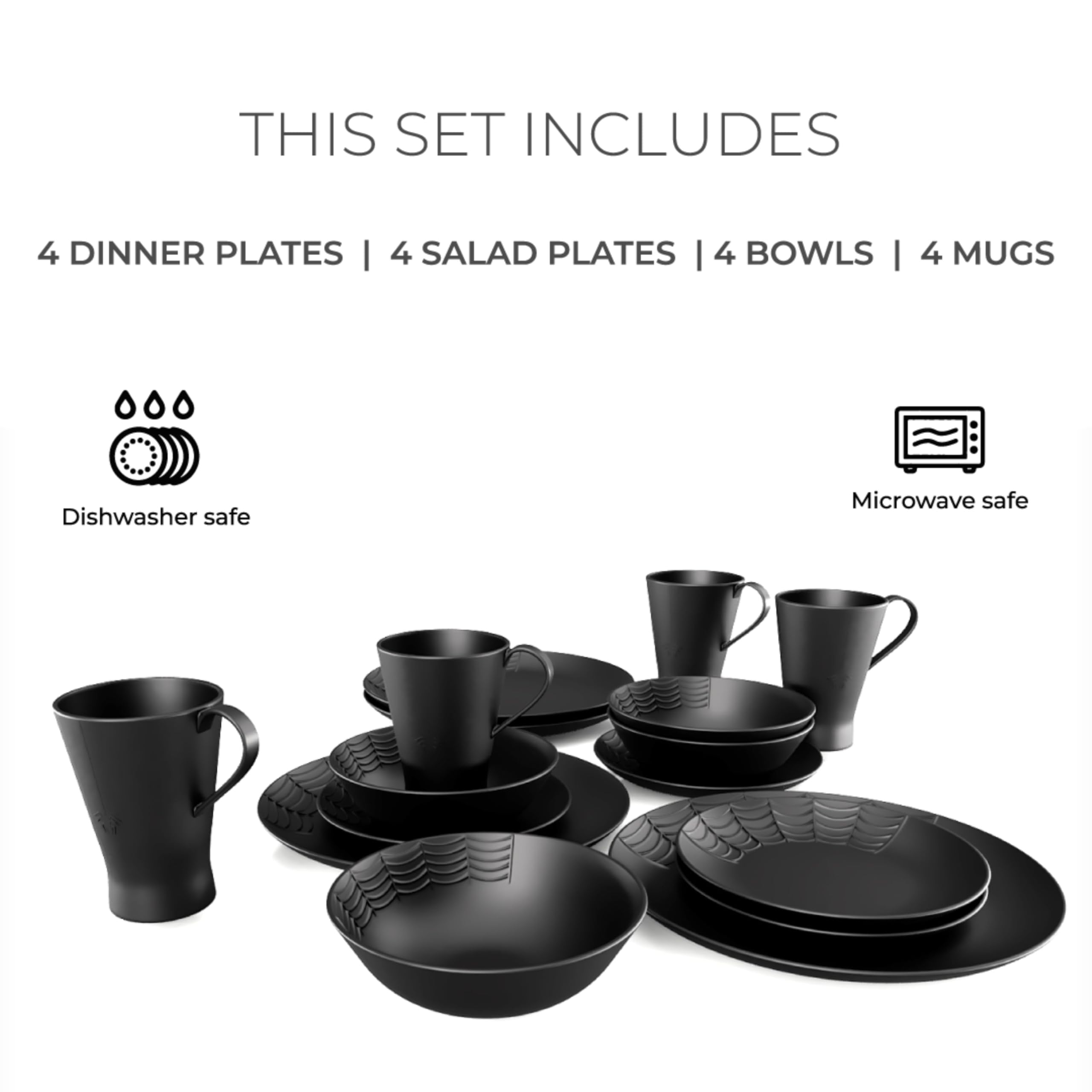 Nomnu 16-Piece Gothic Spiderweb Dinnerware Set - Black Matte Porcelain Plates, Bowls & Mugs - Halloween, Goth Kitchen Decor - Perfect for Spooky Dinner Parties, Gothic Weddings & Vampire-Themed Events