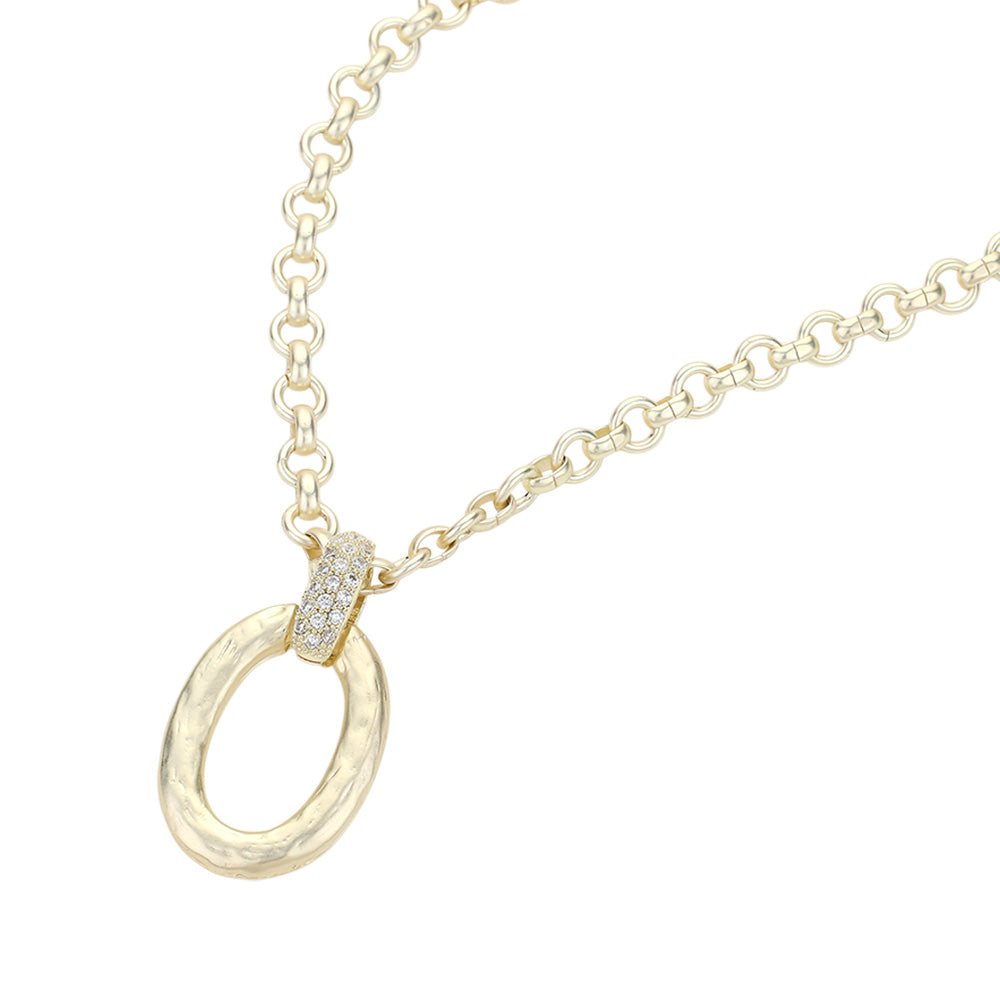 14K Gold Plated Cubic Zirconia Link Hammered Oval Pendant Necklace for Women - Elegant Layered Jewelry Gift for Birthday, Anniversary & Special Occasions