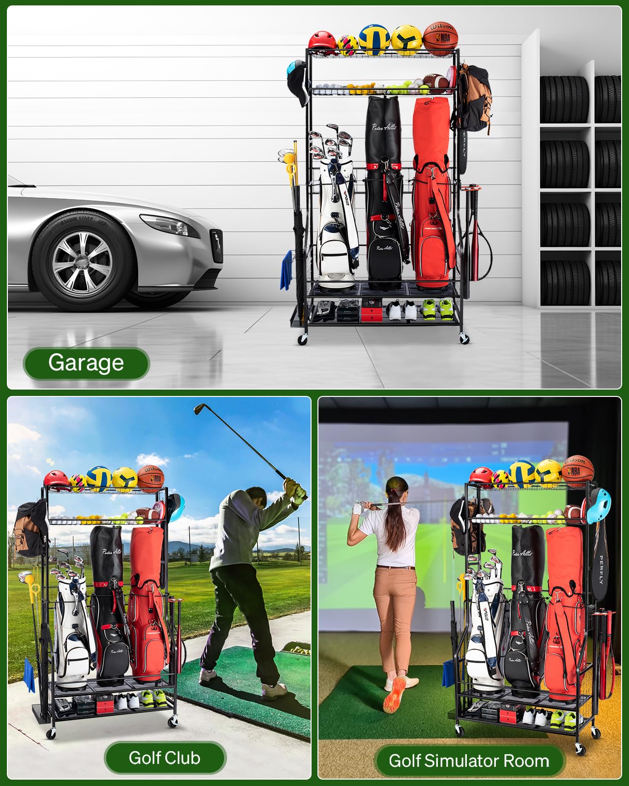 Heavy Duty Golf Bag Storage Rack with Wheels - 3 Golf Bag Stand Organizer for Garage, 4 Hooks & Extra Golf Club Display - Perfect for Golf Equipment Storage & Sports Gear Organization (Ideal for Home Garage, Basement, or Clubhouse Storage)