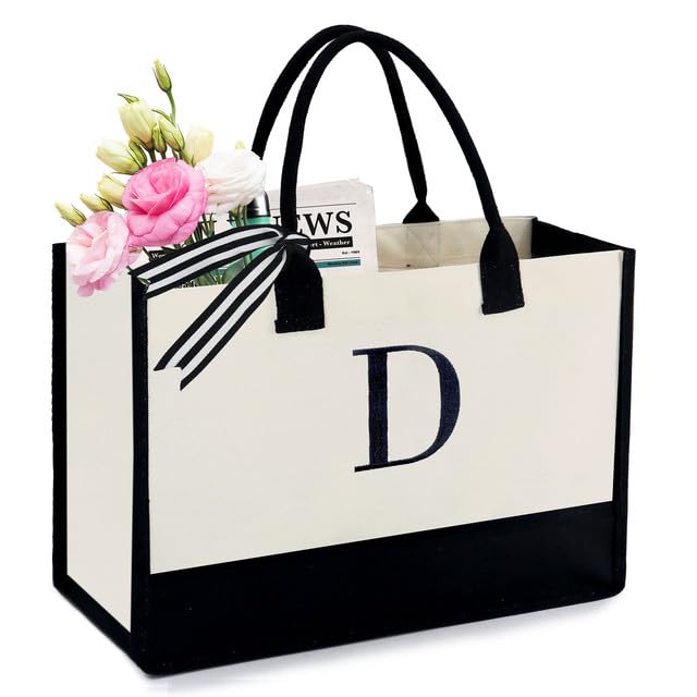 BeeGreen Personalized Initial Tote Bag for Women - 13oz Canvas Gift with Pocket - Birthday Present for Sister, Mom, Friends & Teacher - Perfect for Shopping, Work & Daily Use