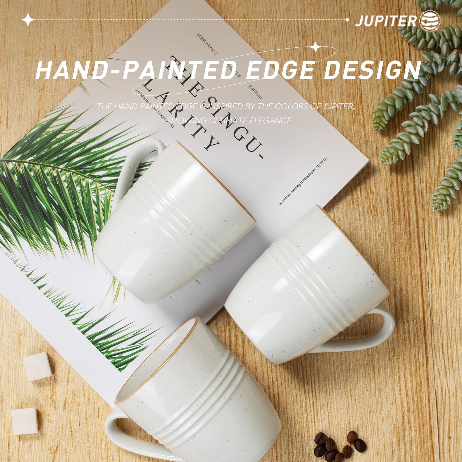 Famiware Jupiter Coffee Mugs Set of 4 - 14oz Ceramic Mugs, Microwave & Dishwasher Safe - White Coffee Cups with Handle for Coffee, Tea, Cocoa, Milk - Perfect for Home, Office, Restaurant & Gifts