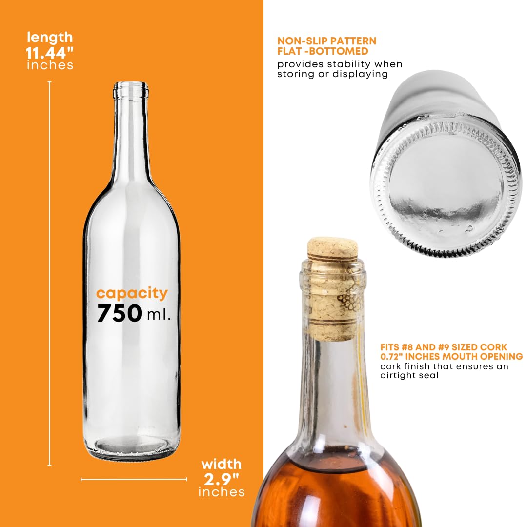 FastRack 6-Pack 750ml Clear Bordeaux Wine Bottles - Flint Flat-Bottomed Glass Bottles for Homemade Wine Making, Storage & Gifting (Corks Not Included) - Perfect for Winemaking Kits, Home Brewing & DIY Projects