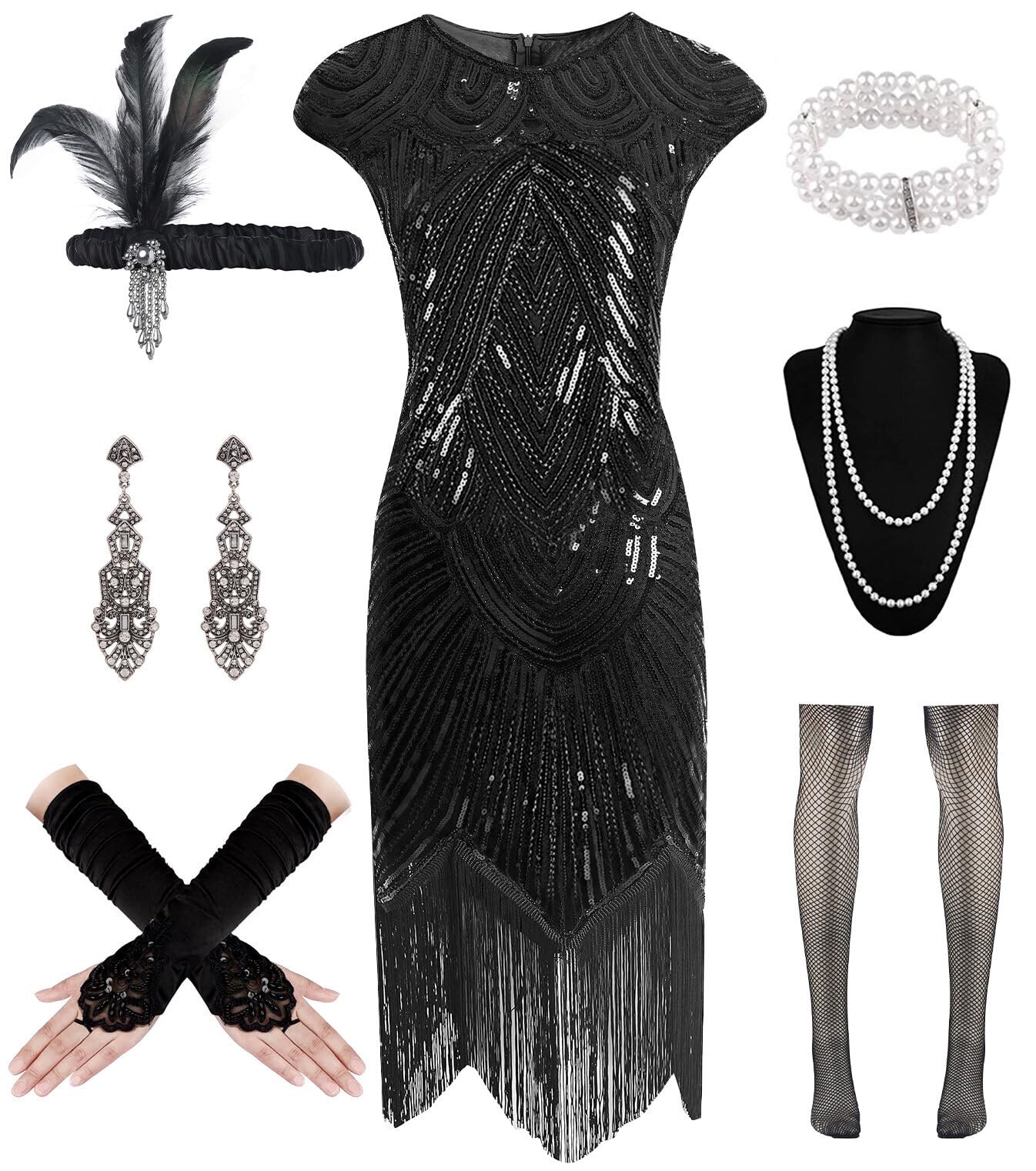 1920s Flapper Dress for Women - Vintage Sequin Lace Fringed Cocktail Dress with 20s Accessories Set | Great Gatsby Party, Roaring 20s Theme, Halloween Costume & Vintage Dance Outfit