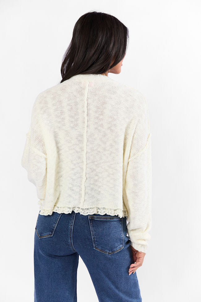 Stylish Harp On It Cream Lace Hem Crew Neck Sweater for Women | Soft Knit Pullover | Perfect for Office, Date Night & Casual Outfits