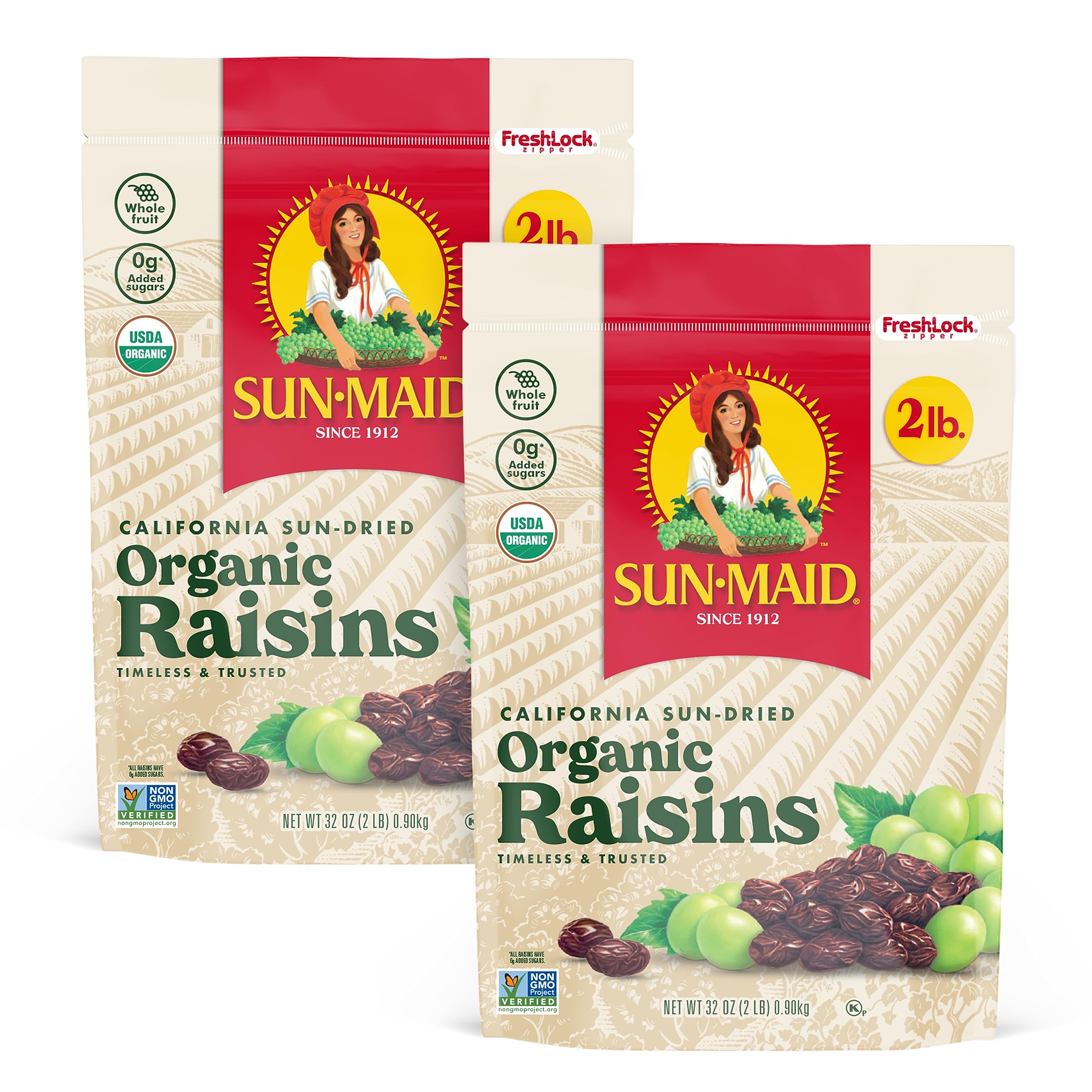 Organic Sun-Dried California Raisins - 32oz (2 Pack) Resealable Bag | No Sugar Added, Non-GMO, Vegan Snack | Perfect for Baking, Trail Mix, Yogurt Toppings & Healthy Lunchbox Treats