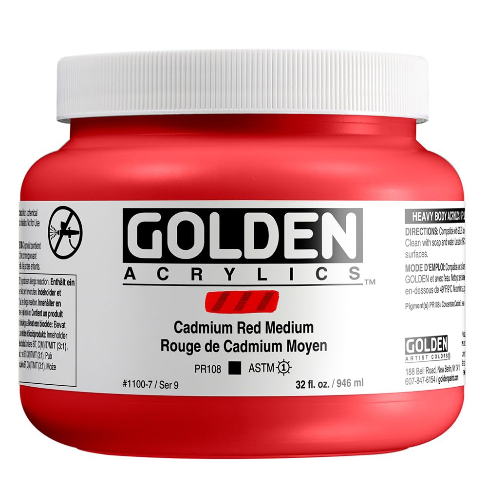 GOLDEN Heavy Body Acrylic Paint - Cadmium Red Medium (32 fl oz Jar) - Professional Grade Opaque Acrylics for Canvas Painting, Murals & Fine Art